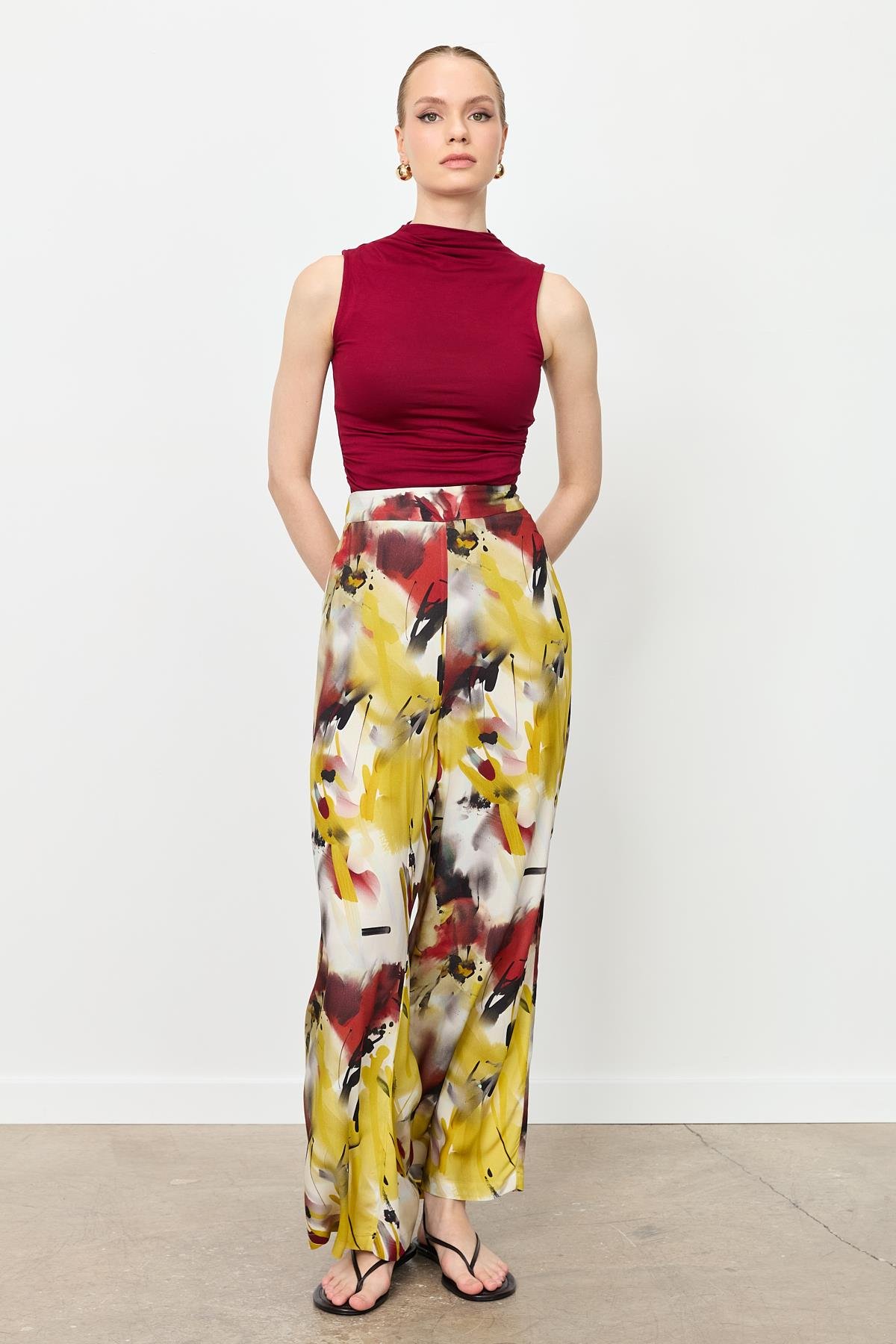 Baskılı Bol Paça Pantolon-SARI