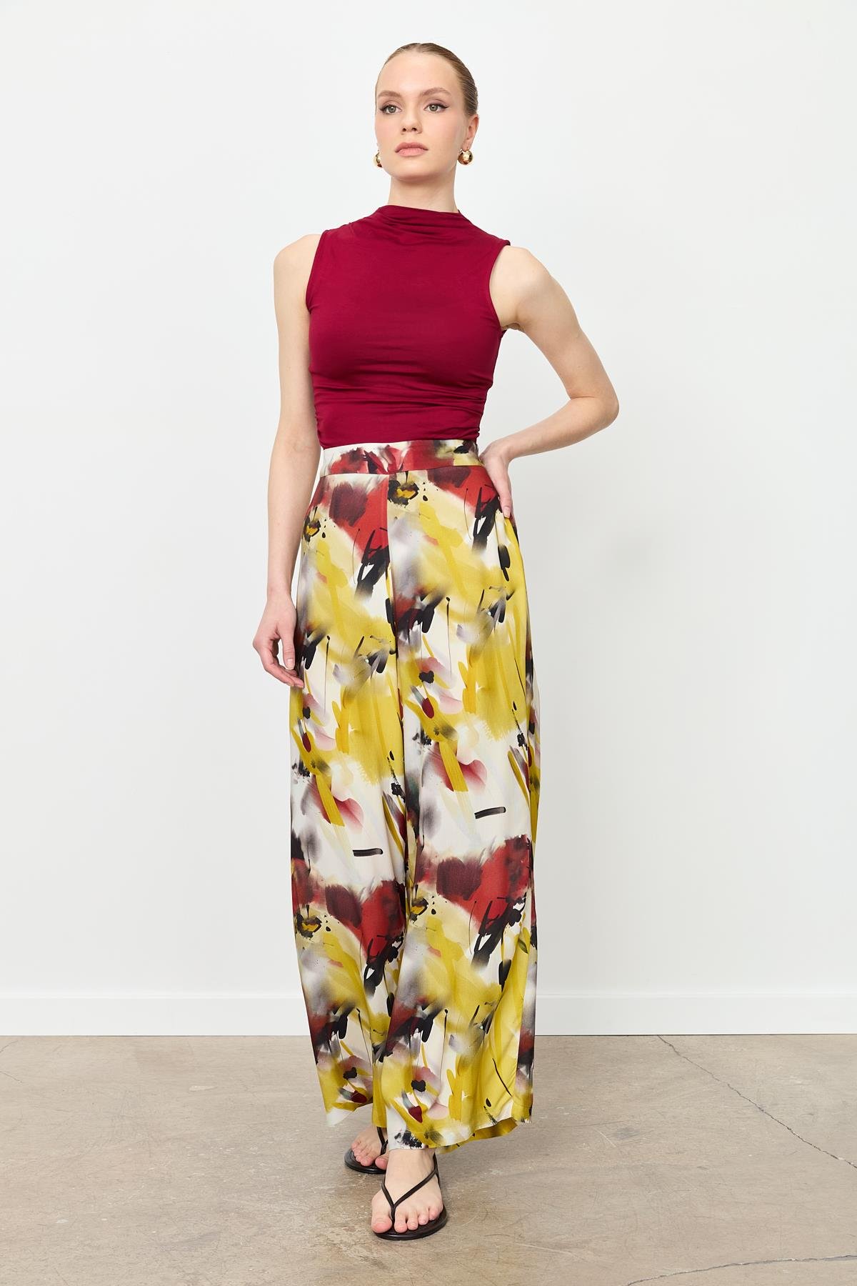 Baskılı Bol Paça Pantolon-SARI