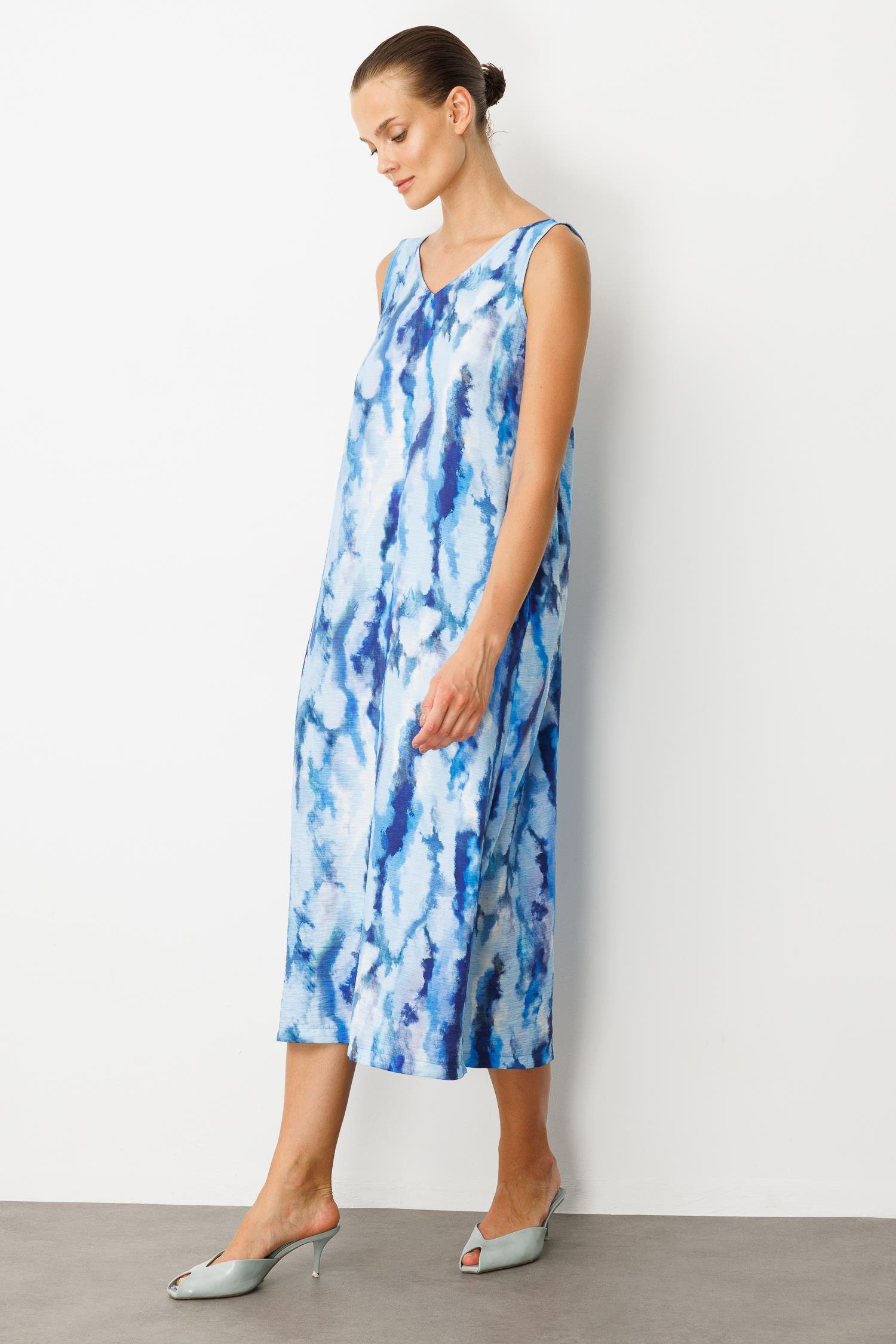 Batik Desenli Sırt Detay Elbise-İNDİGO