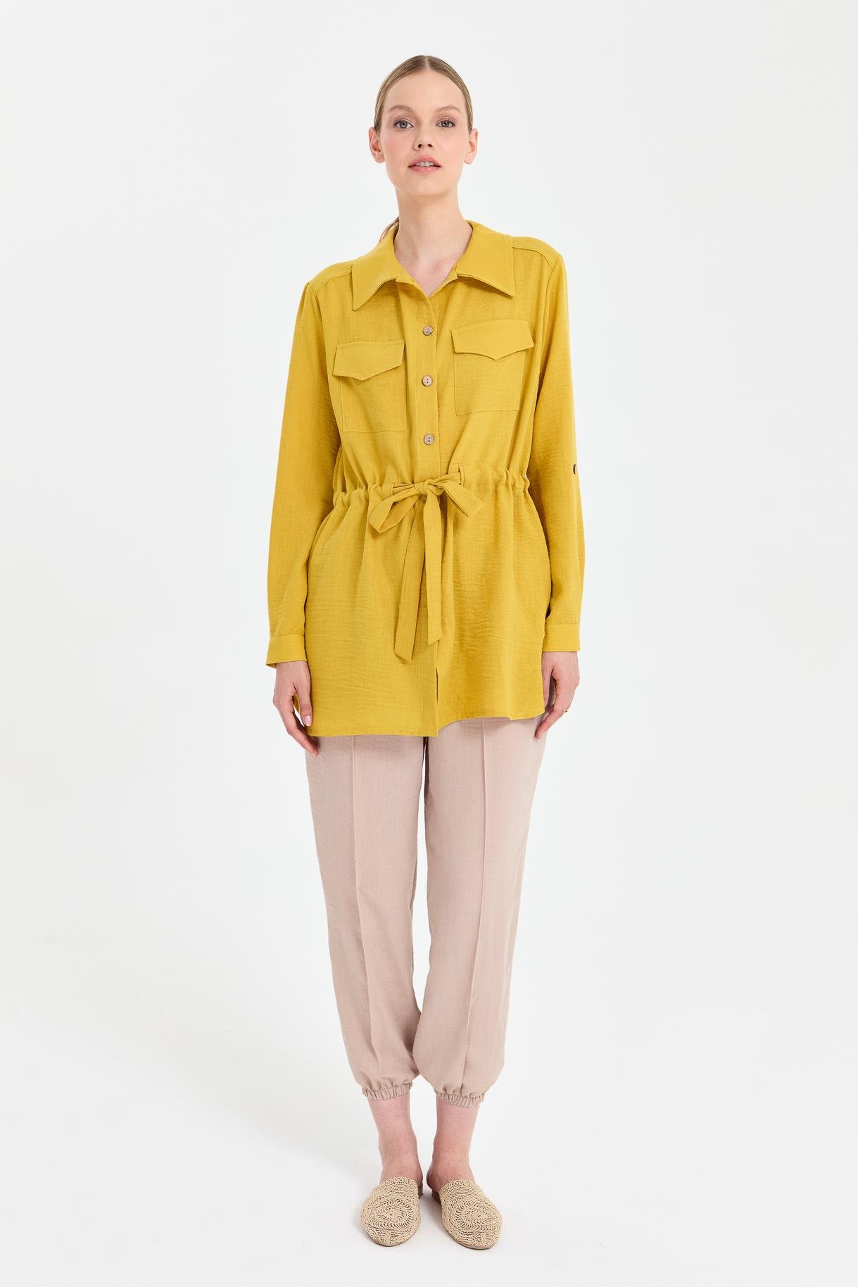 Beli Ayarlanabilir Cep Detaylı Keten Tunik - Y.YEŞİLİ