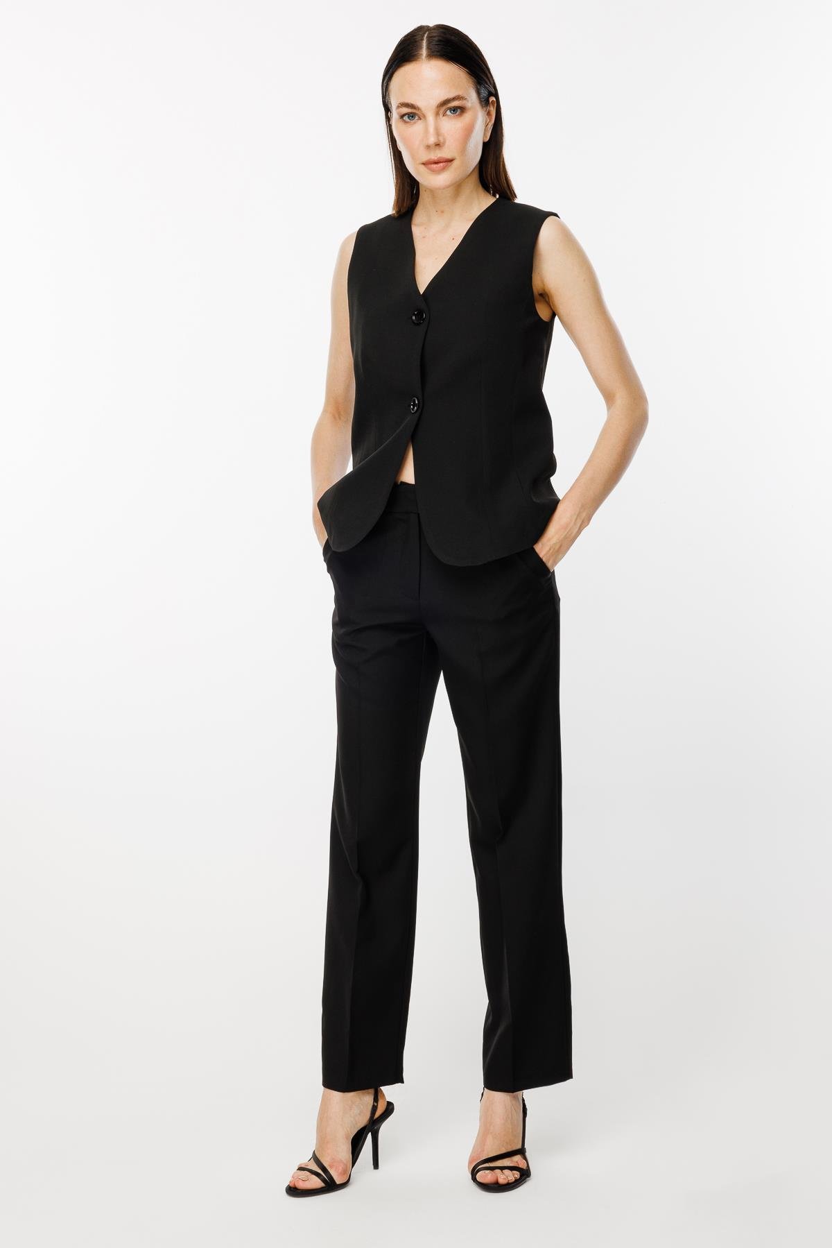 Beli Ayarlanabilir Düğmeli Krep Yelek - SİYAH