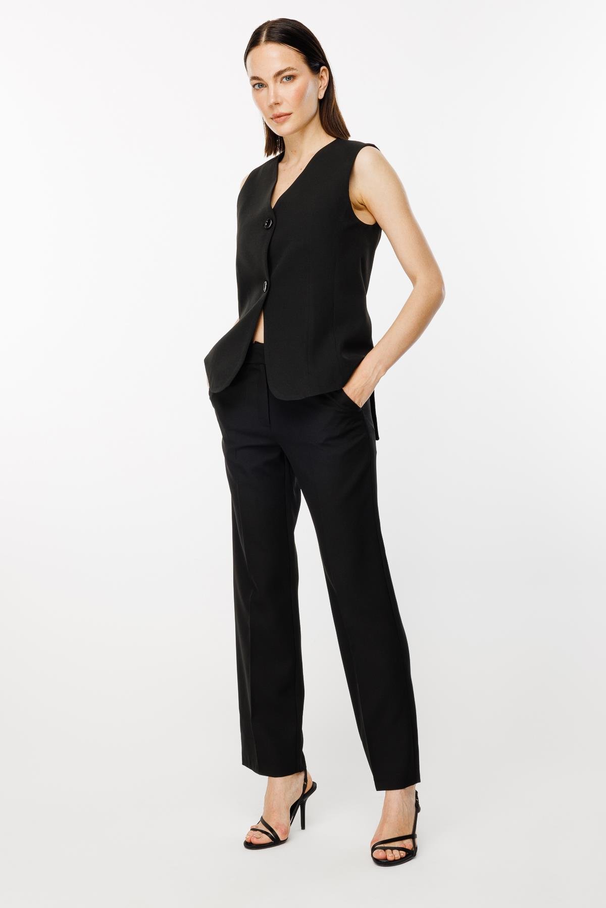 Beli Ayarlanabilir Düğmeli Krep Yelek - SİYAH