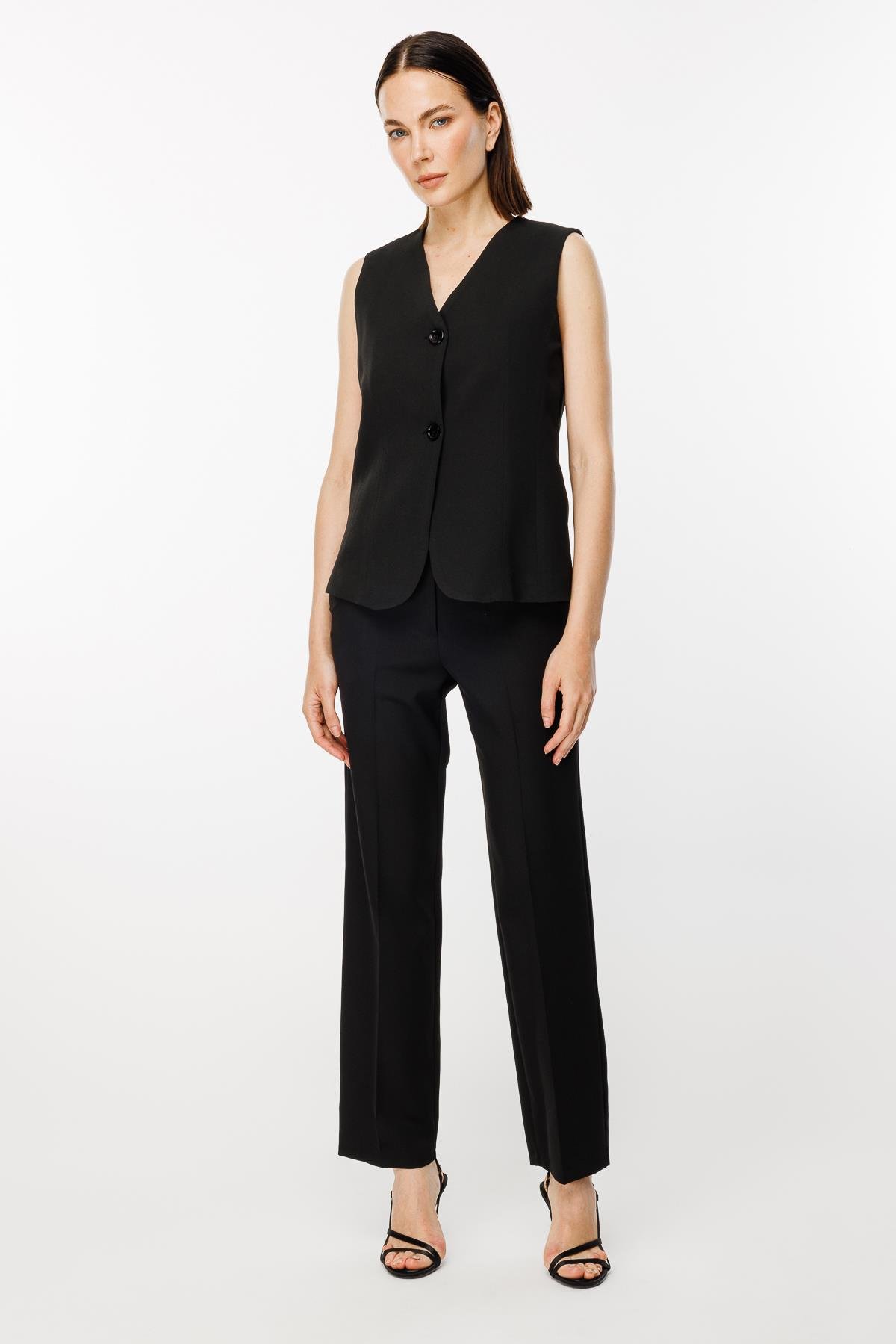 Beli Ayarlanabilir Düğmeli Krep Yelek - SİYAH