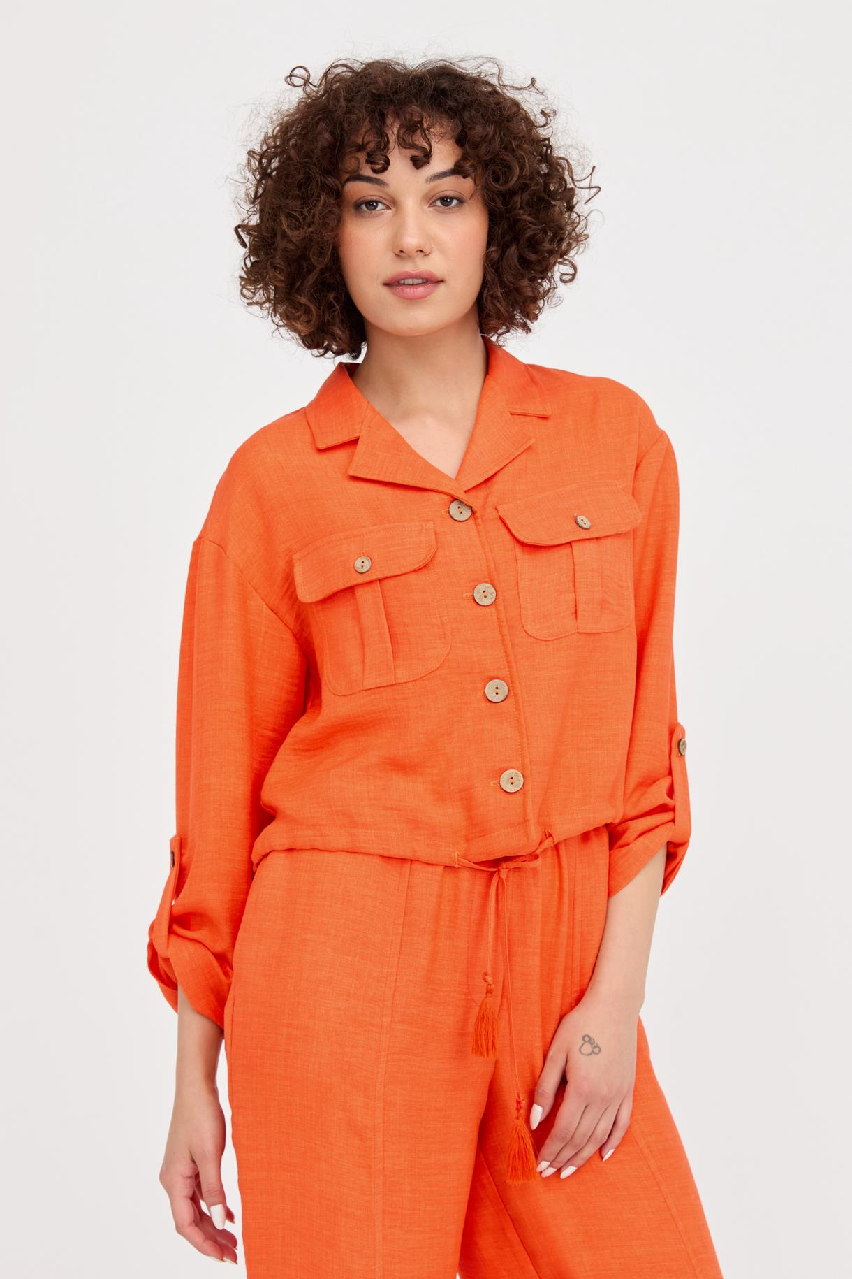 Beli Büzgülü Keten Crop Gömlek - ORANJE