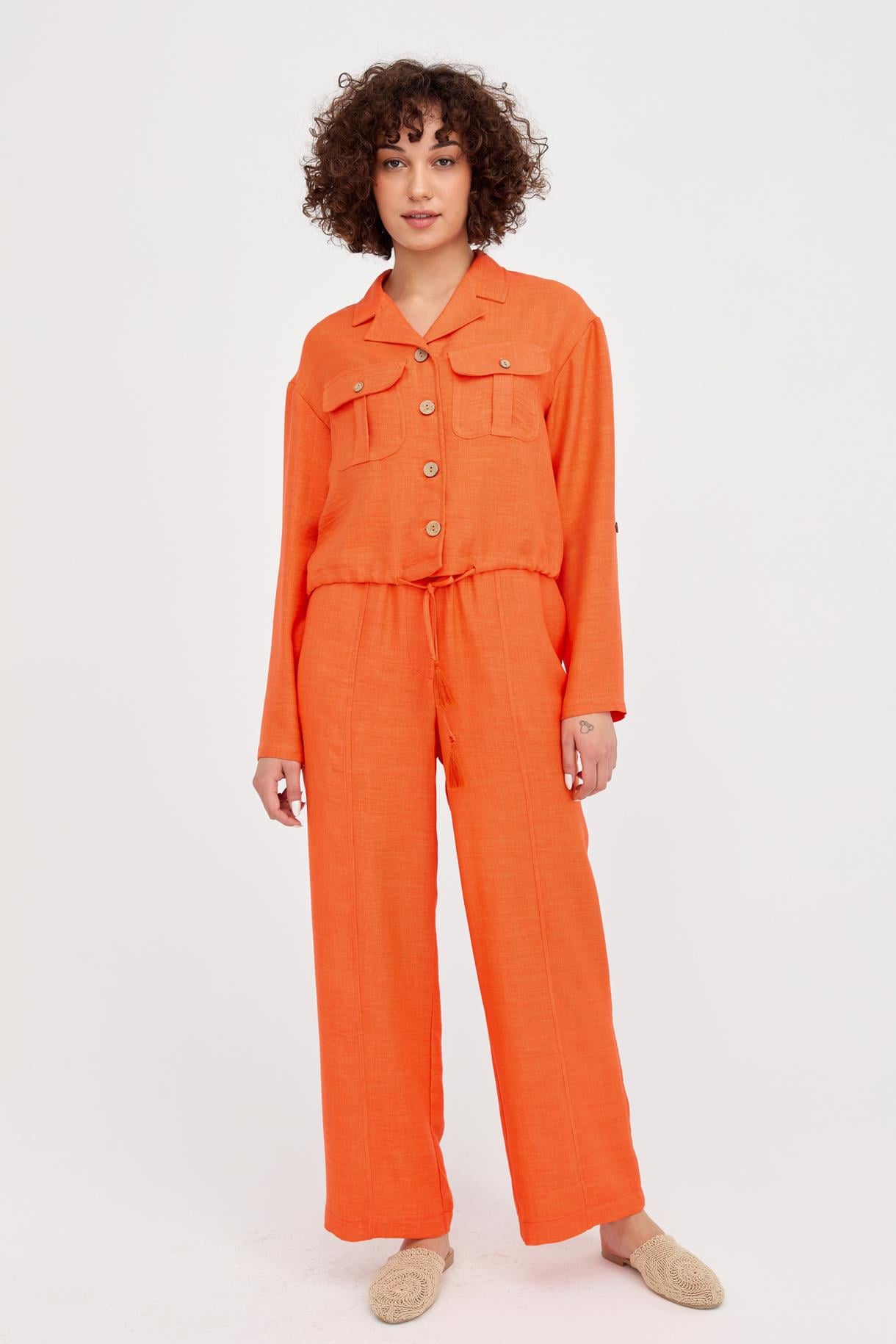 Beli Büzgülü Keten Crop Gömlek - ORANJE