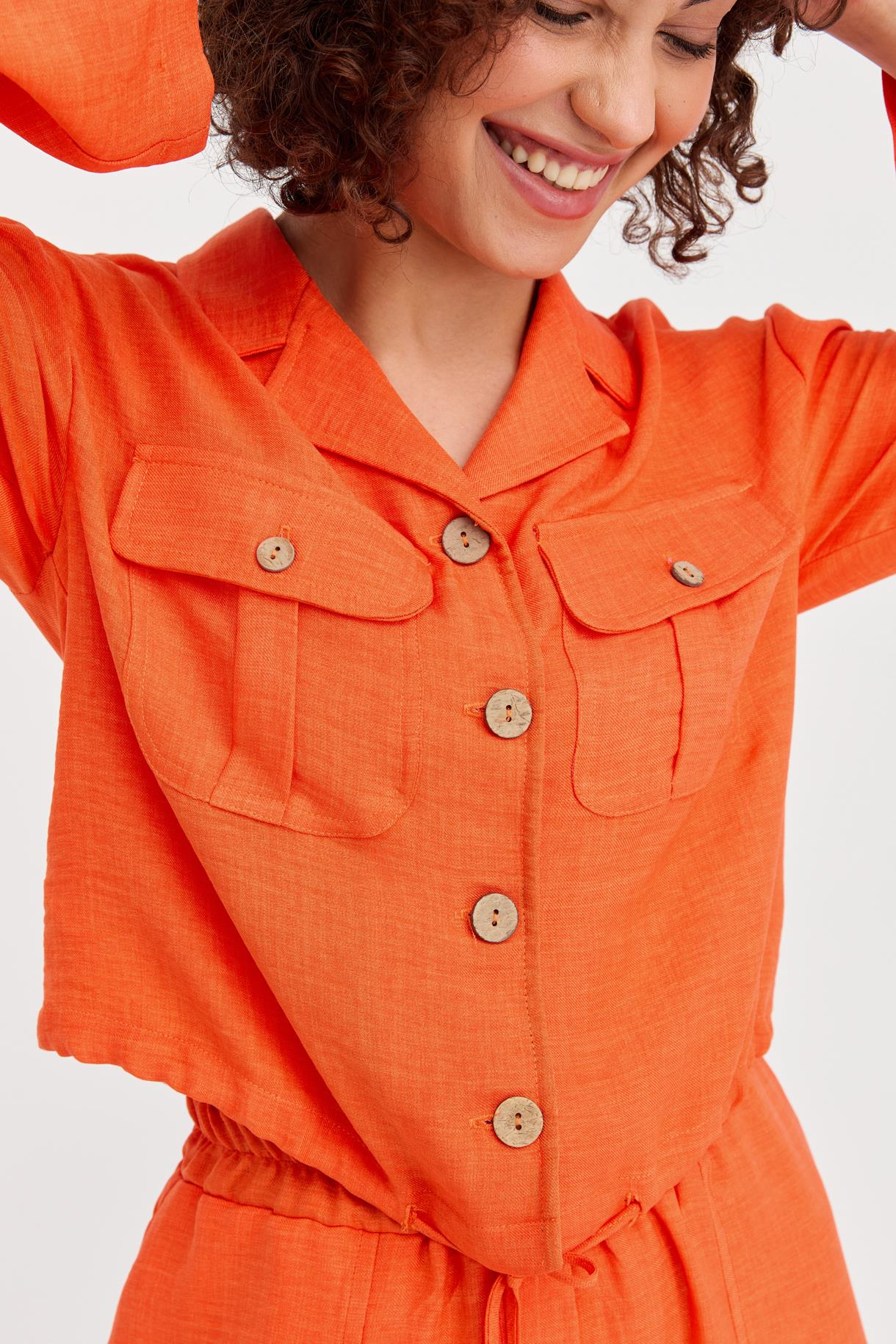 Beli Büzgülü Keten Crop Gömlek - ORANJE