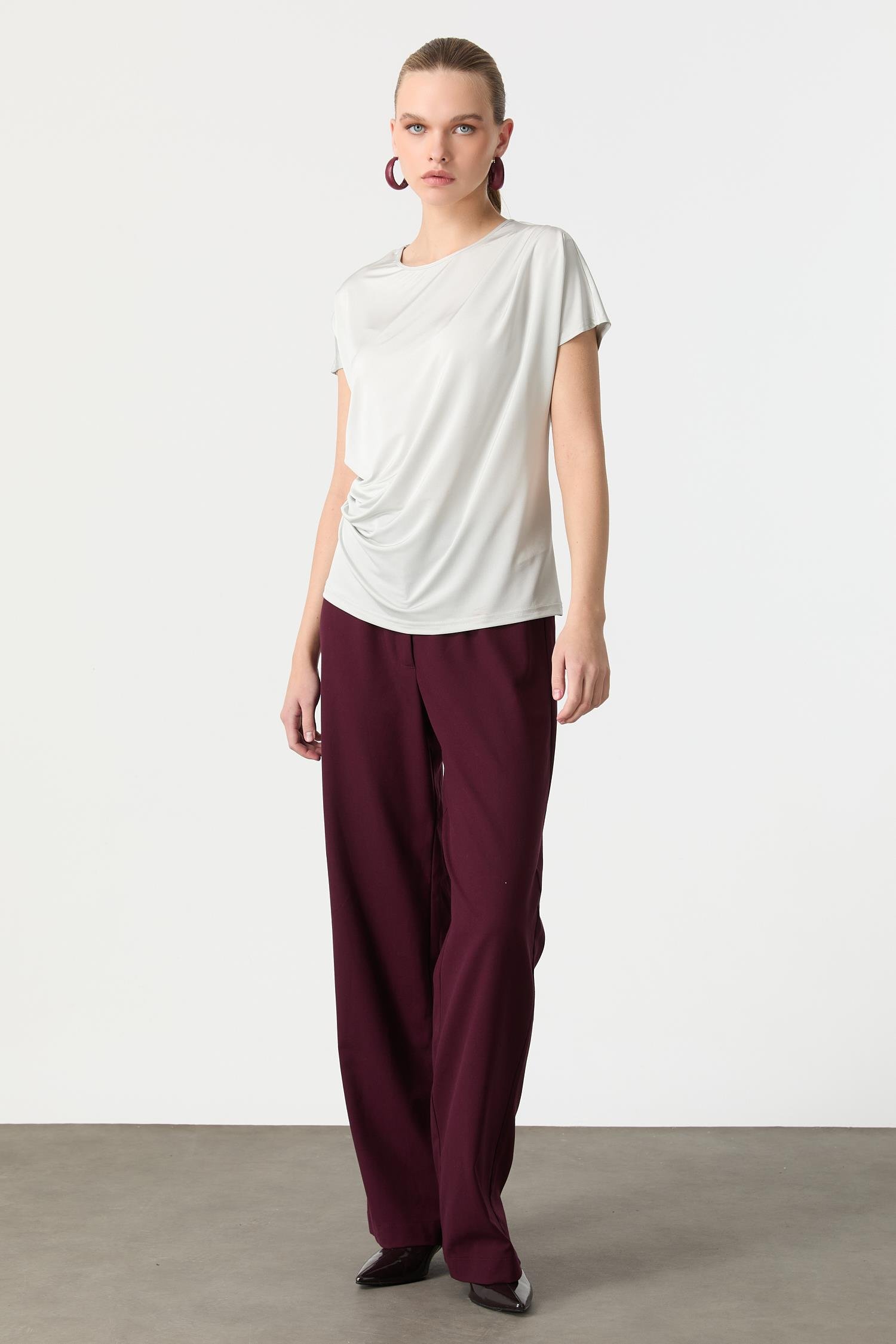 Beli Drape Detaylı Bluz-GRİ