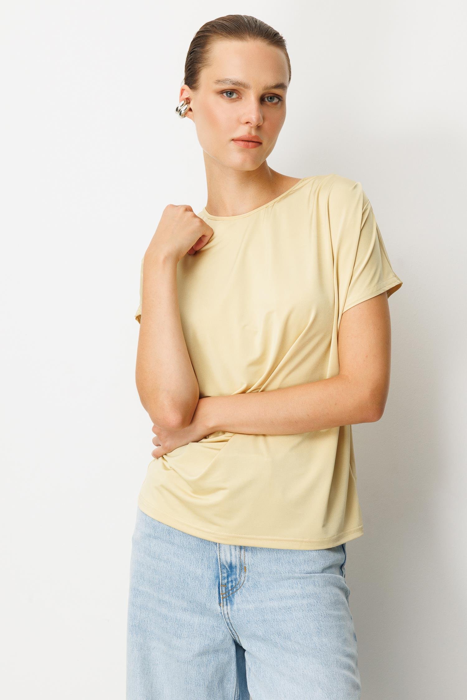 Beli Drape Detaylı Bluz-SARI