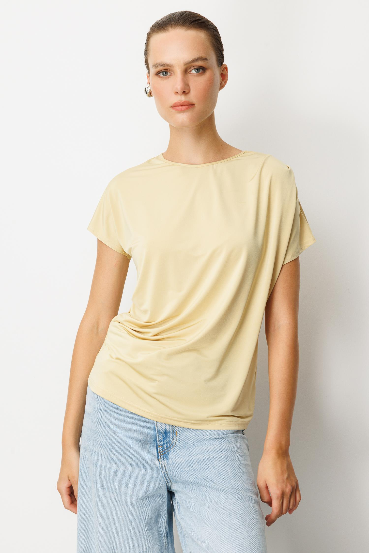 Beli Drape Detaylı Bluz-SARI