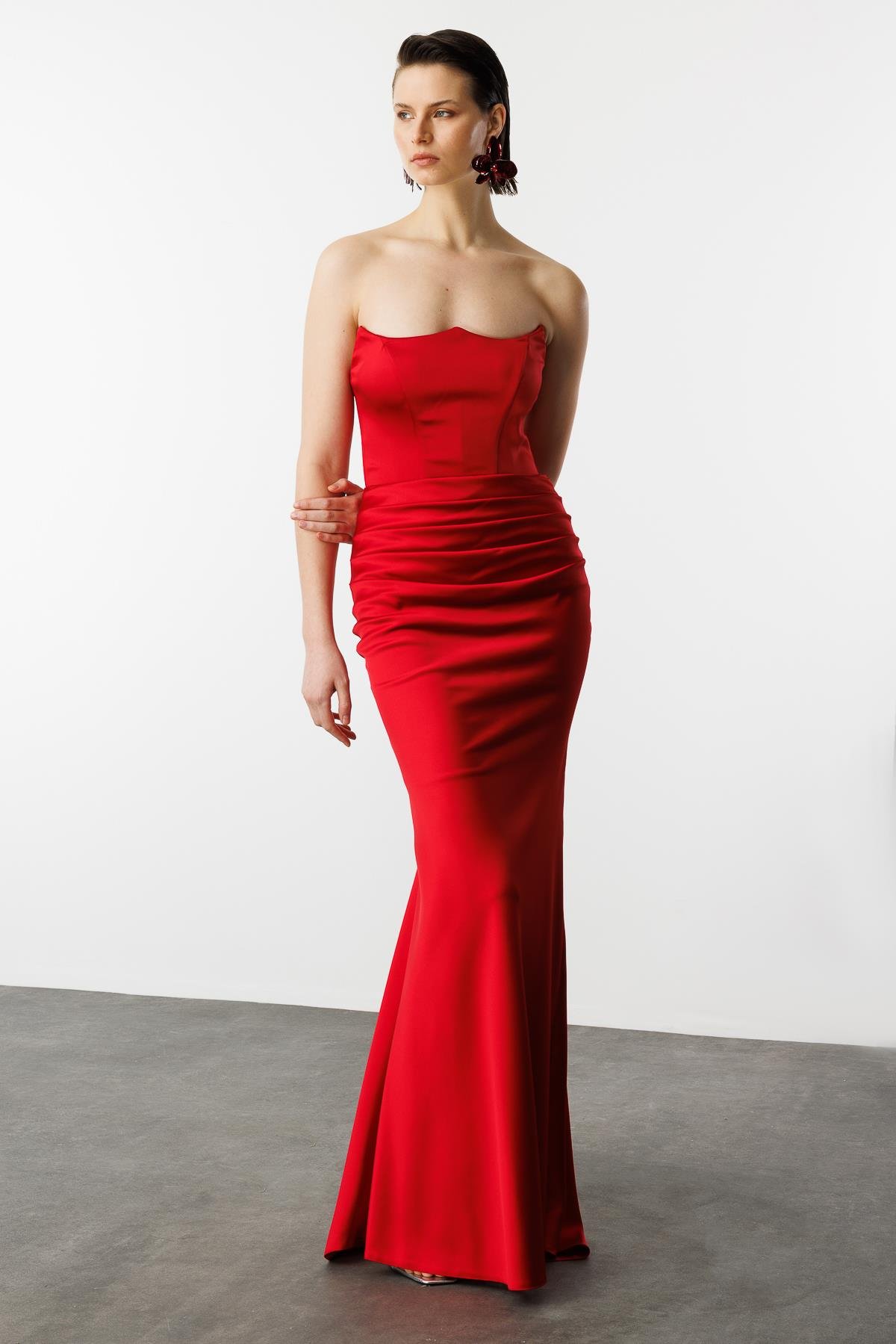 Beli Drapeli Abiye Elbise-KIRMIZI