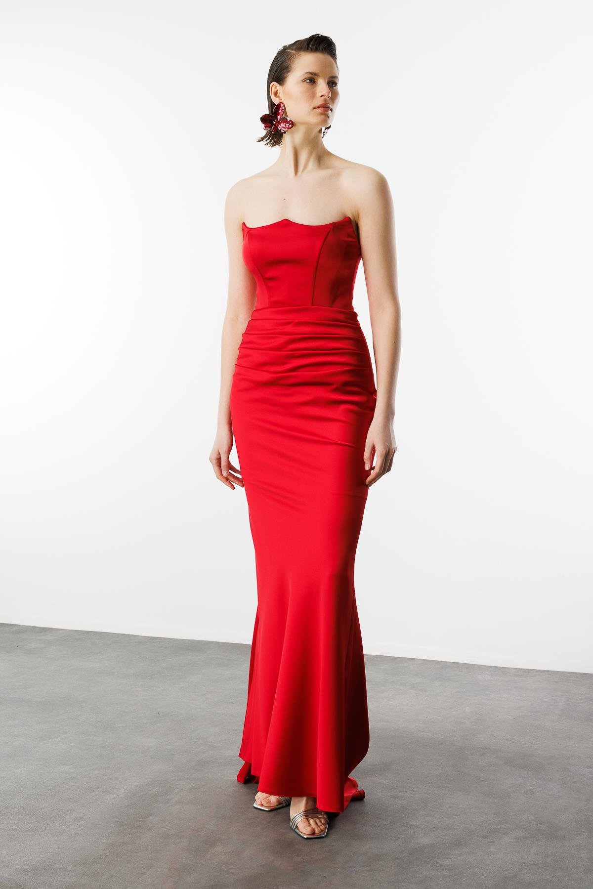 Beli Drapeli Abiye Elbise-KIRMIZI