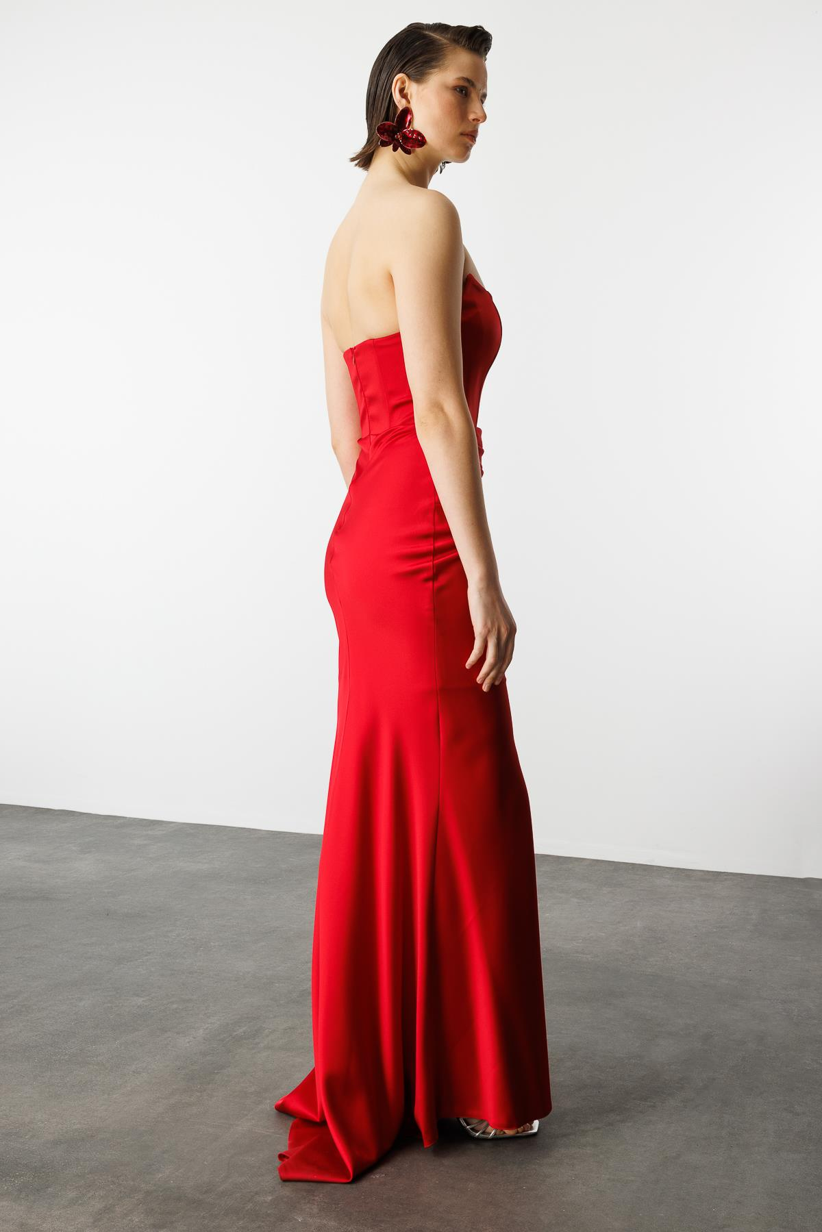 Beli Drapeli Abiye Elbise-KIRMIZI