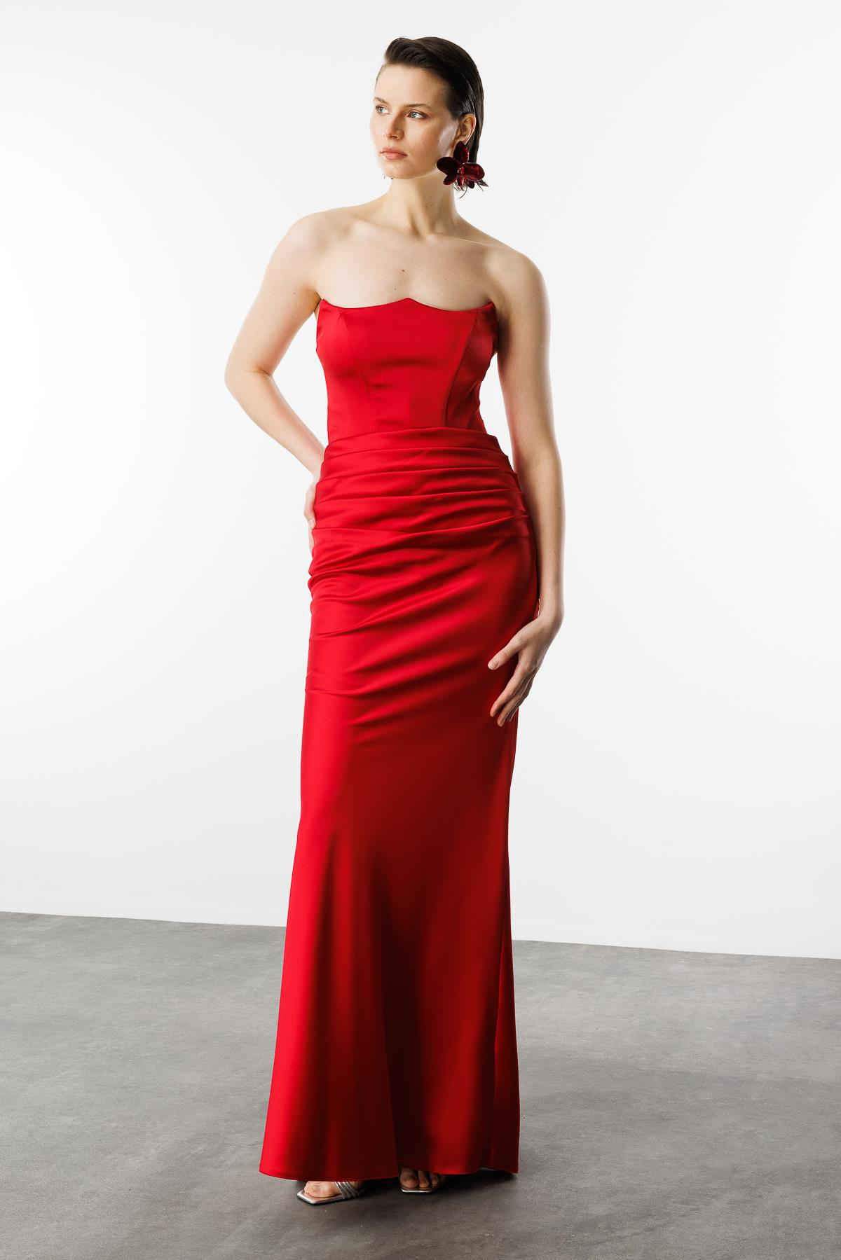 Beli Drapeli Abiye Elbise-KIRMIZI