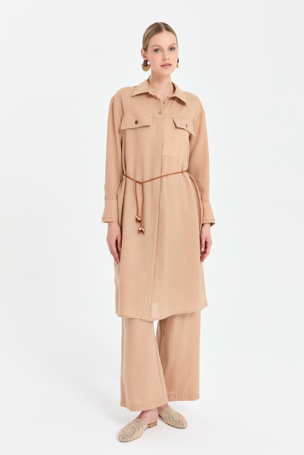 Beli İp Detaylı Uzun Keten Tunik - CAMEL