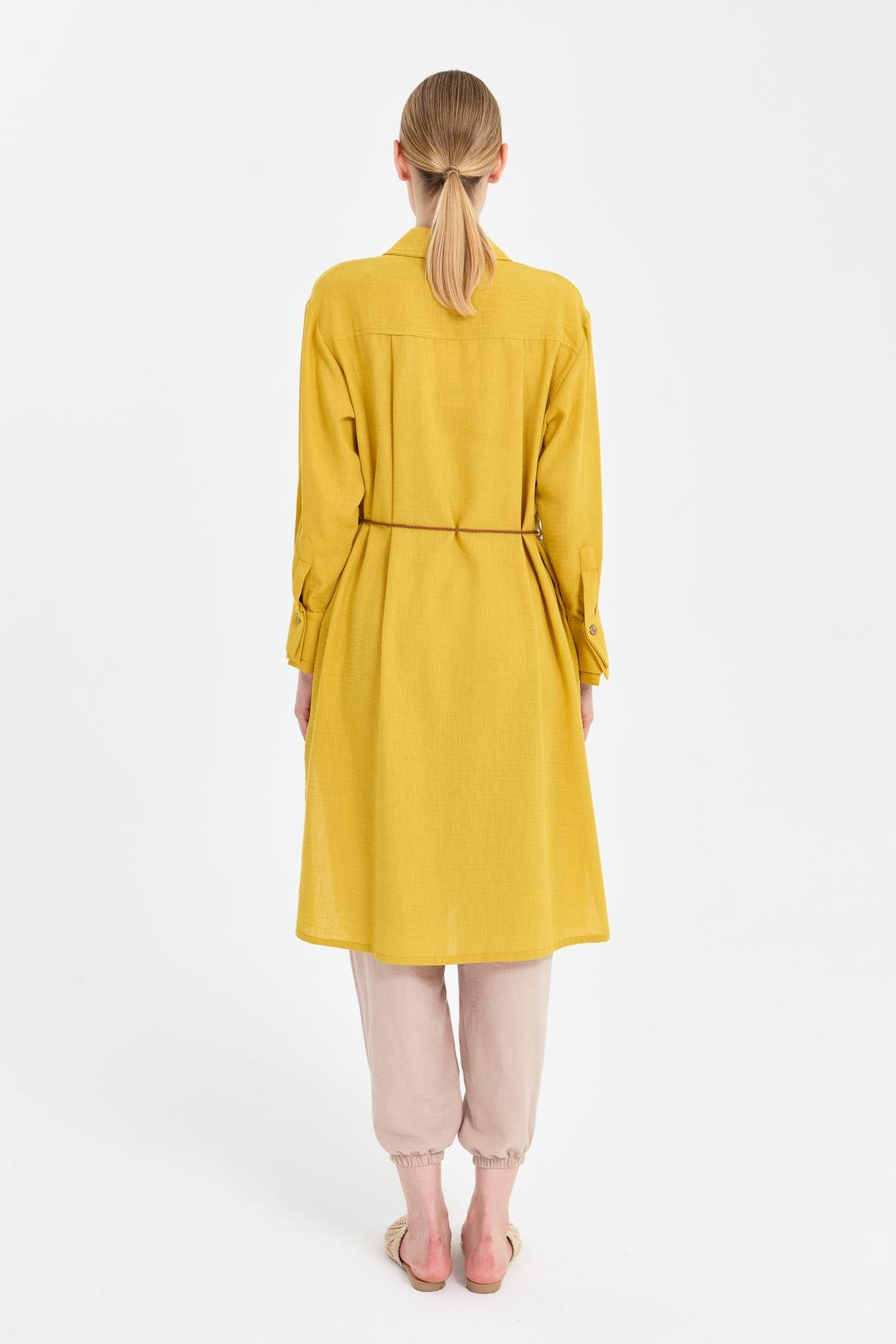 Beli İp Detaylı Uzun Keten Tunik - Y.YEŞİLİ