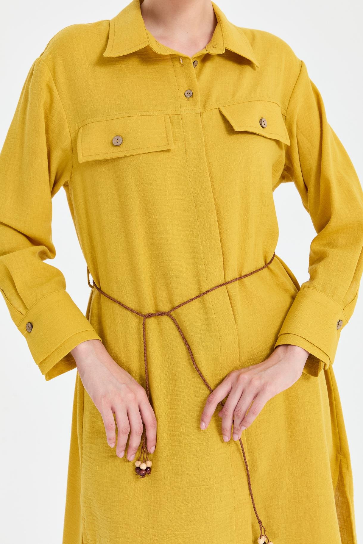 Beli İp Detaylı Uzun Keten Tunik - Y.YEŞİLİ