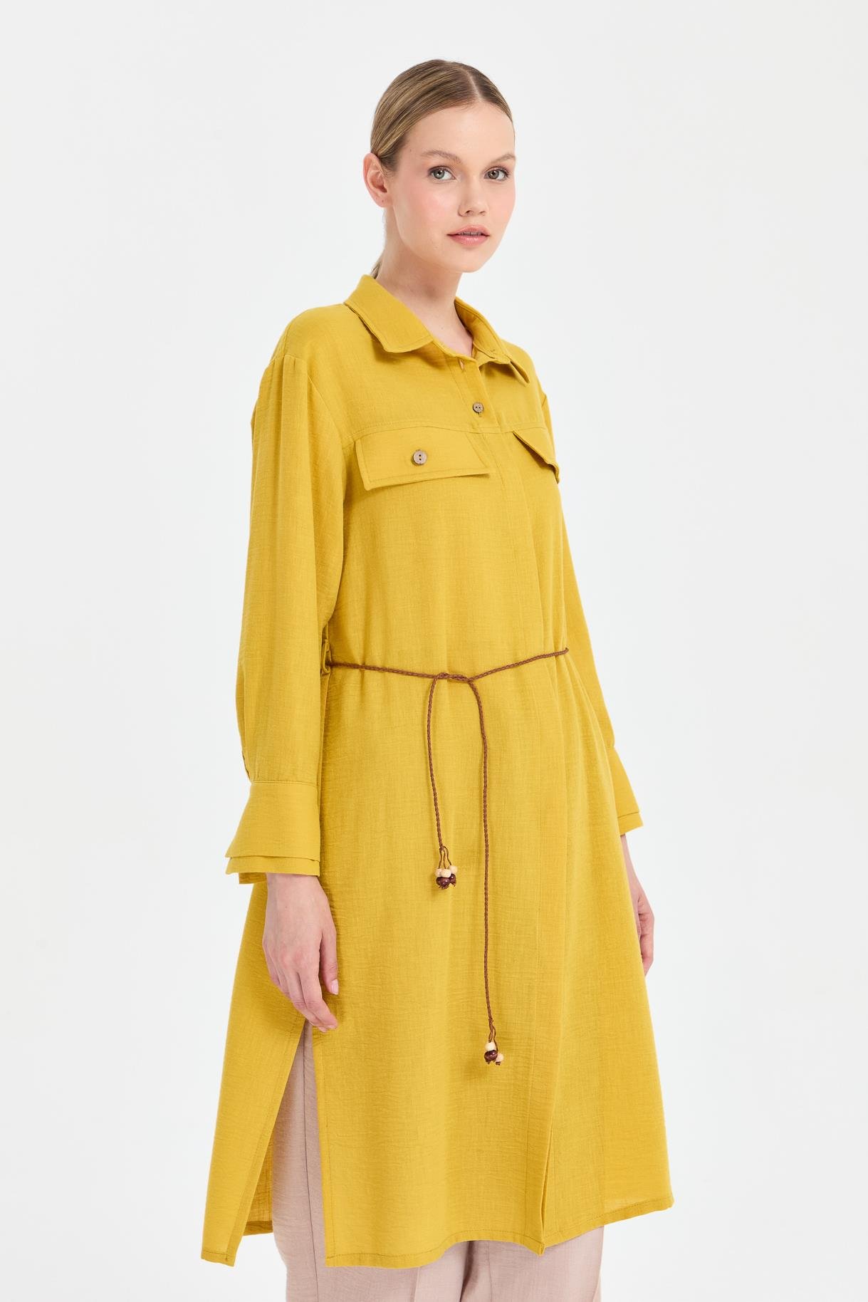 Beli İp Detaylı Uzun Keten Tunik - Y.YEŞİLİ