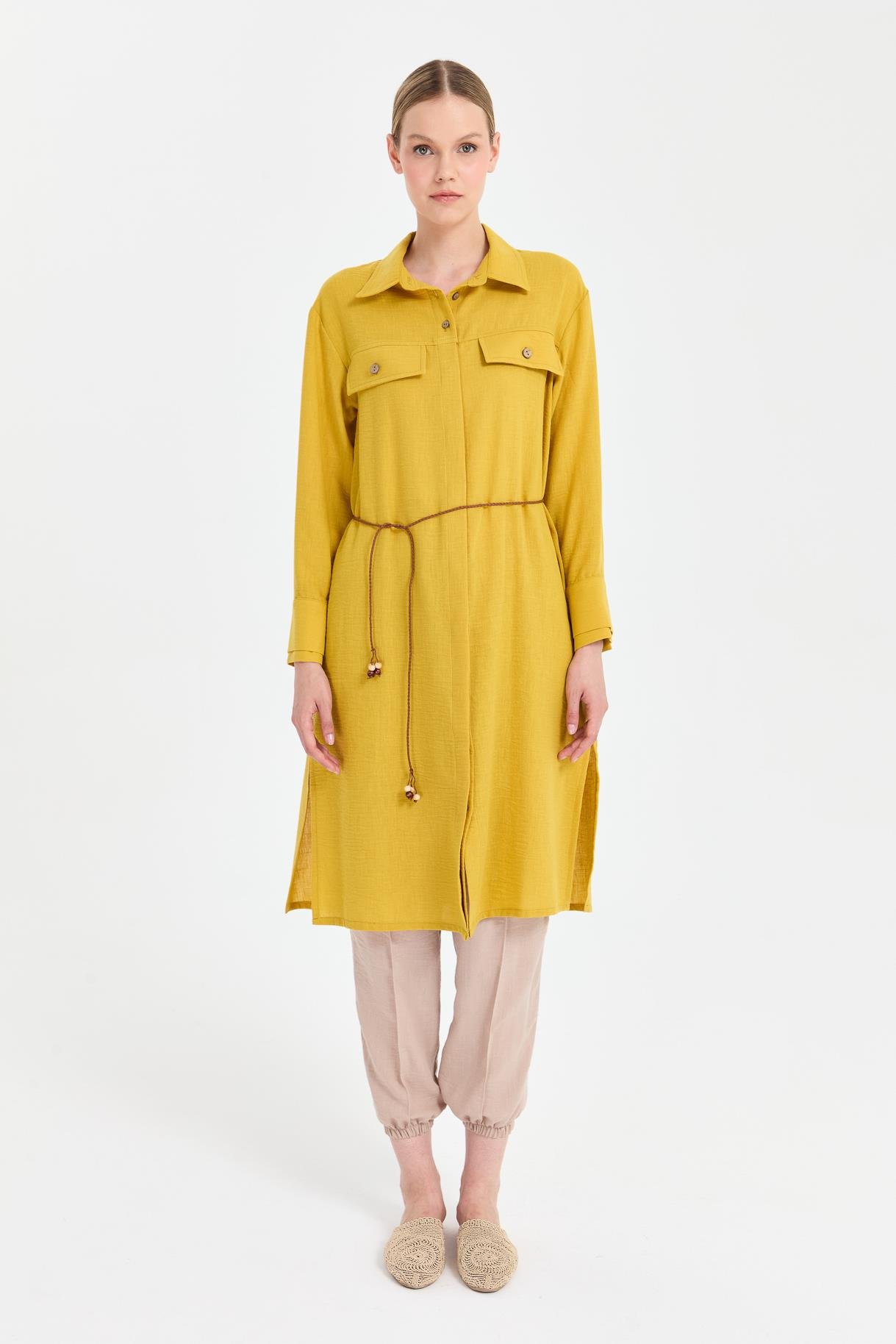 Beli İp Detaylı Uzun Keten Tunik - Y.YEŞİLİ