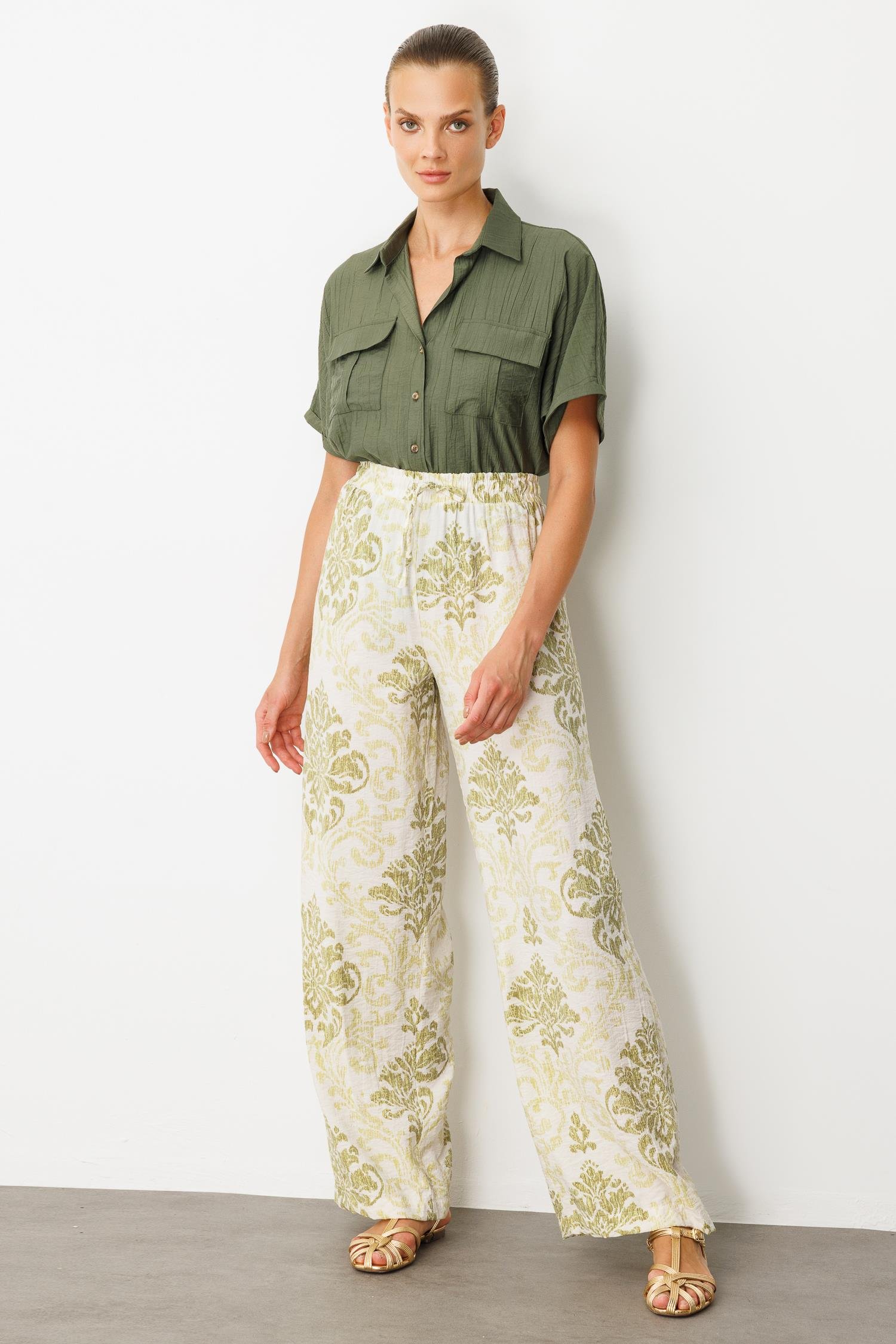 Beli Lastik Desenli Pantolon-YEŞİL