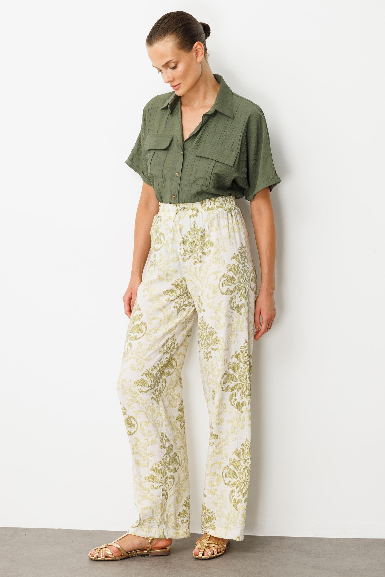 Beli Lastik Desenli Pantolon-YEŞİL