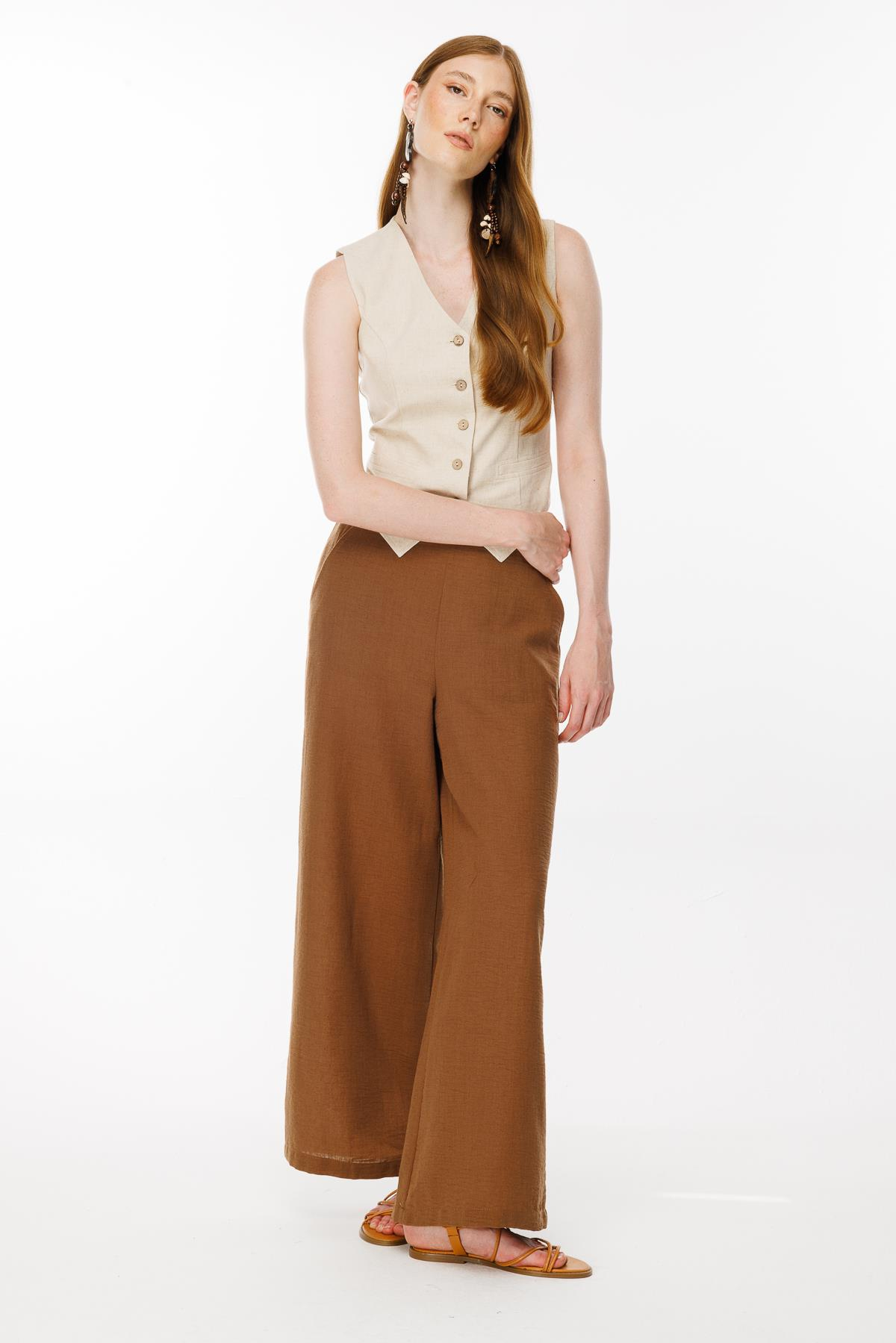 Beli Lastik Detaylı Keten Yelek - BEJ