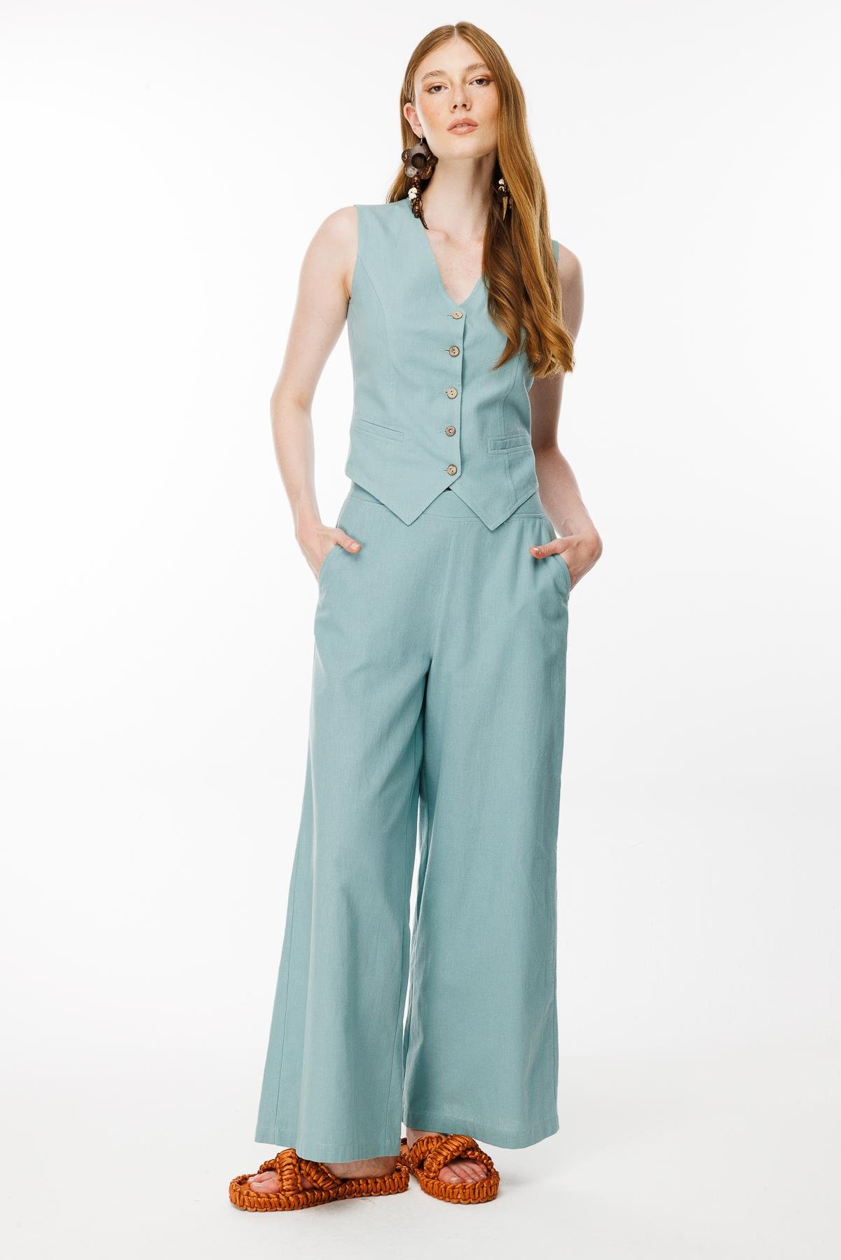 Beli Lastik Detaylı Keten Yelek - MINT