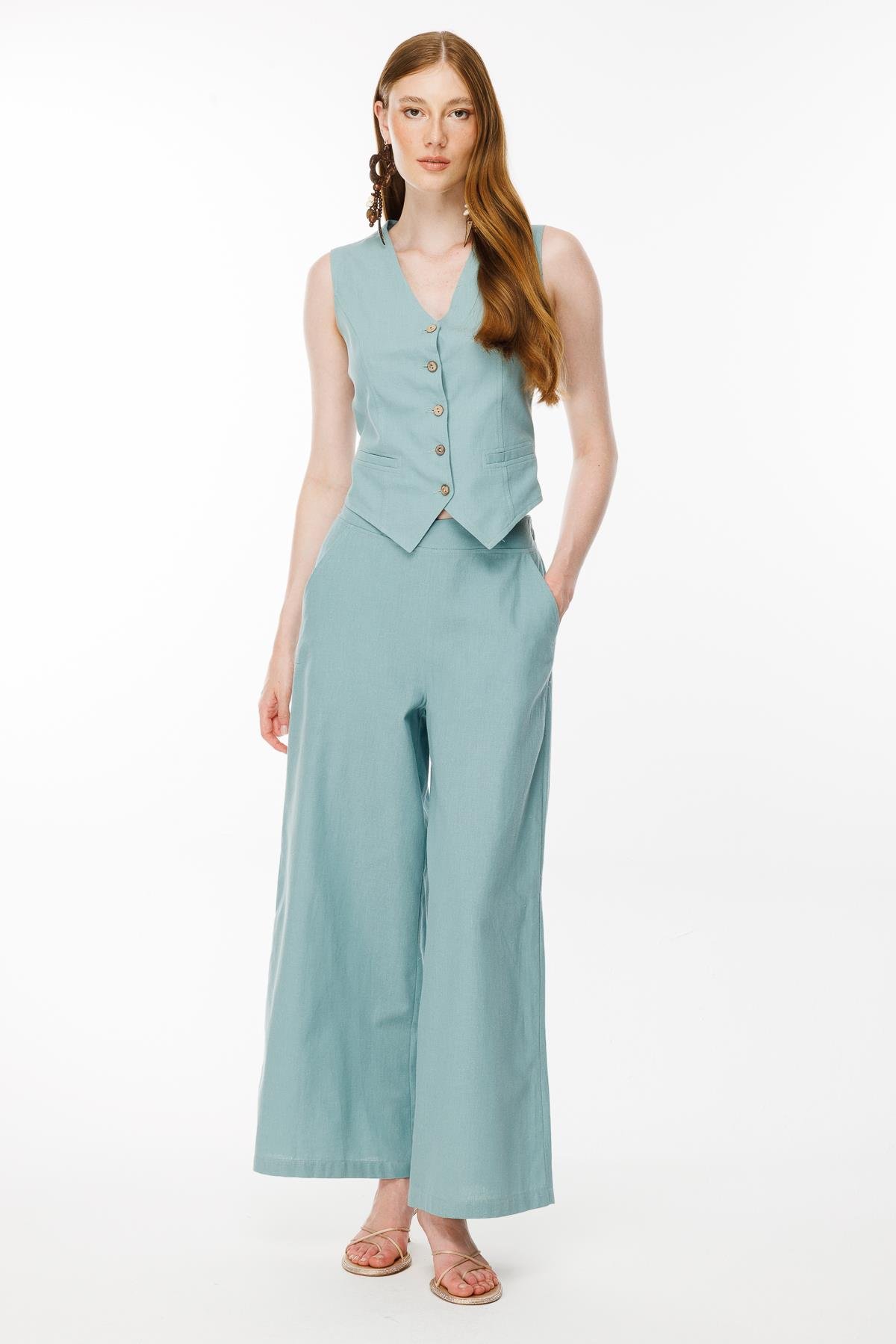 Beli Lastik Detaylı Keten Yelek - MINT