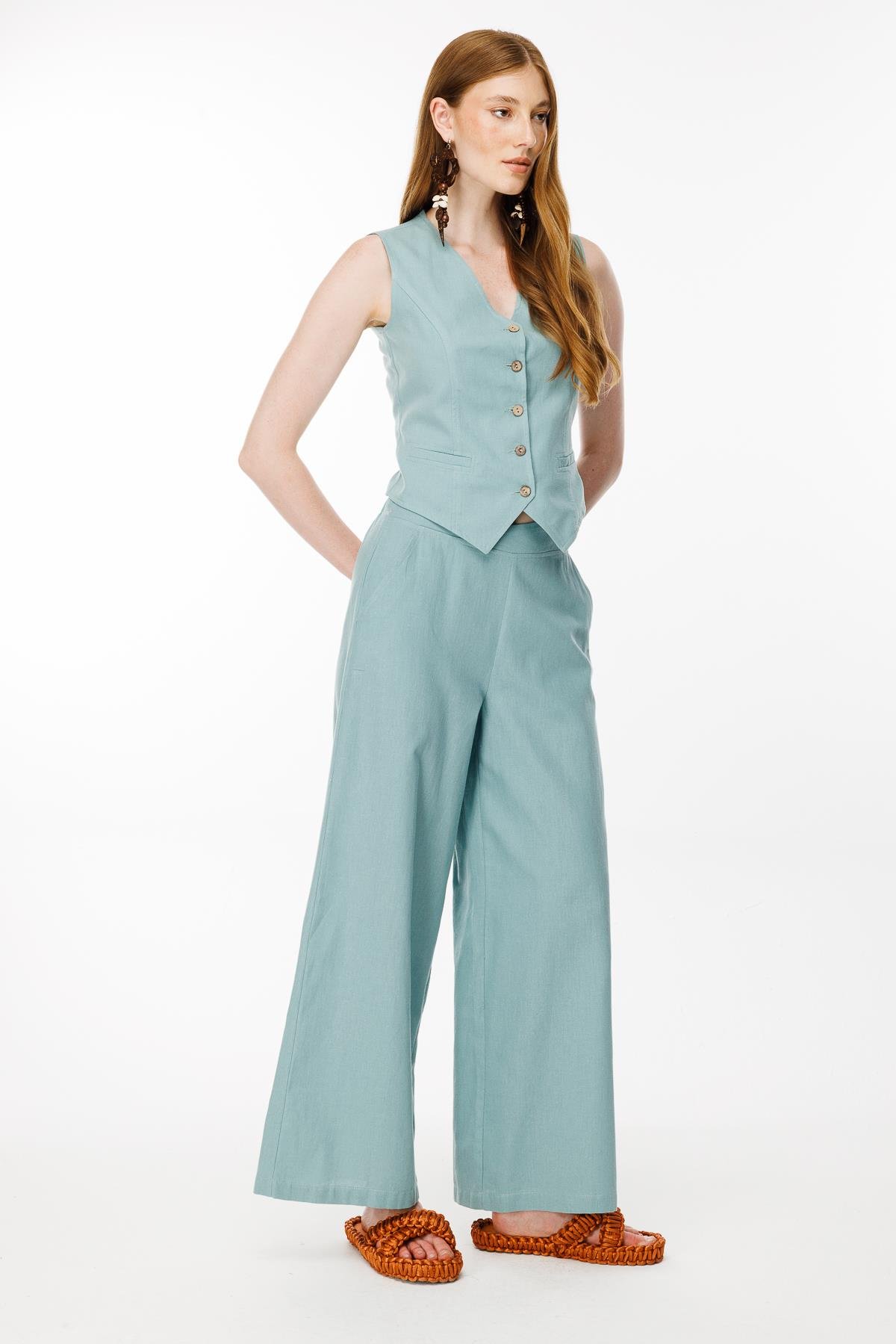 Beli Lastik Detaylı Keten Yelek - MINT