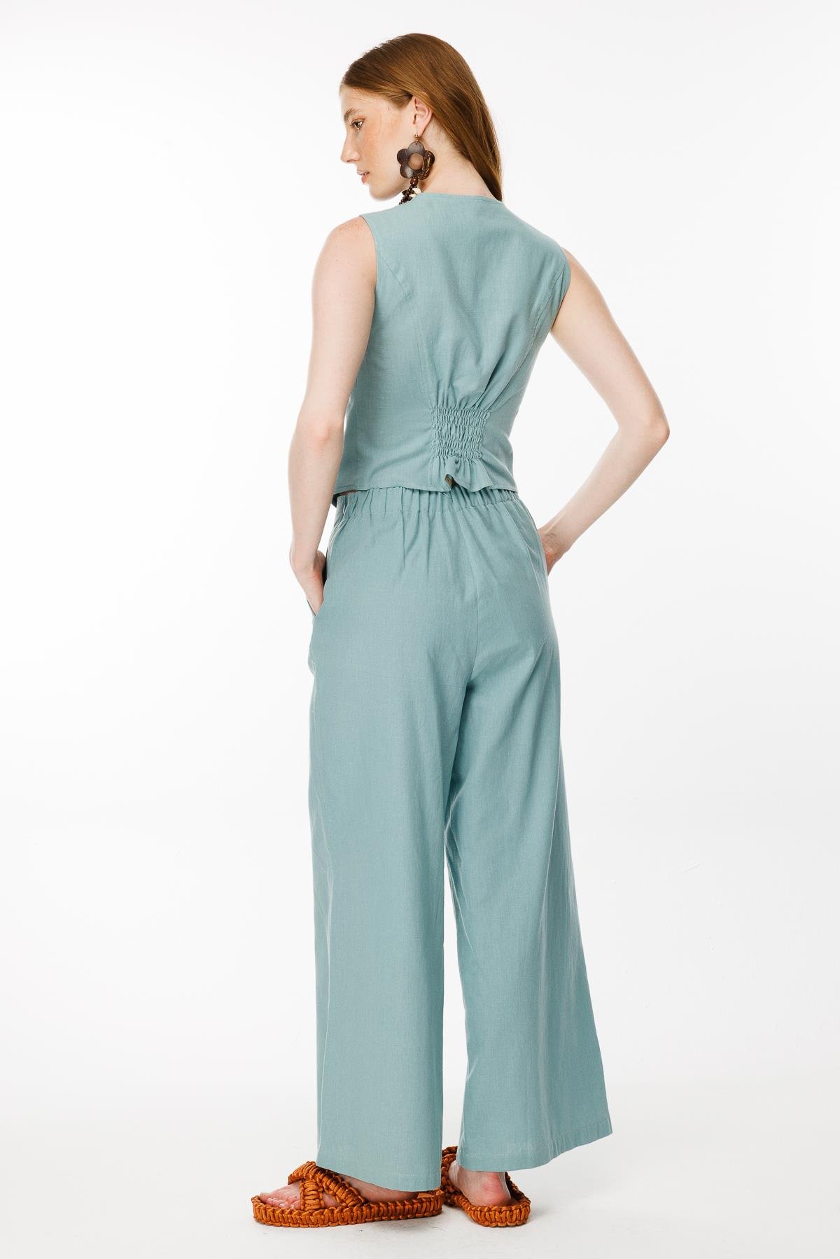 Beli Lastik Detaylı Keten Yelek - MINT