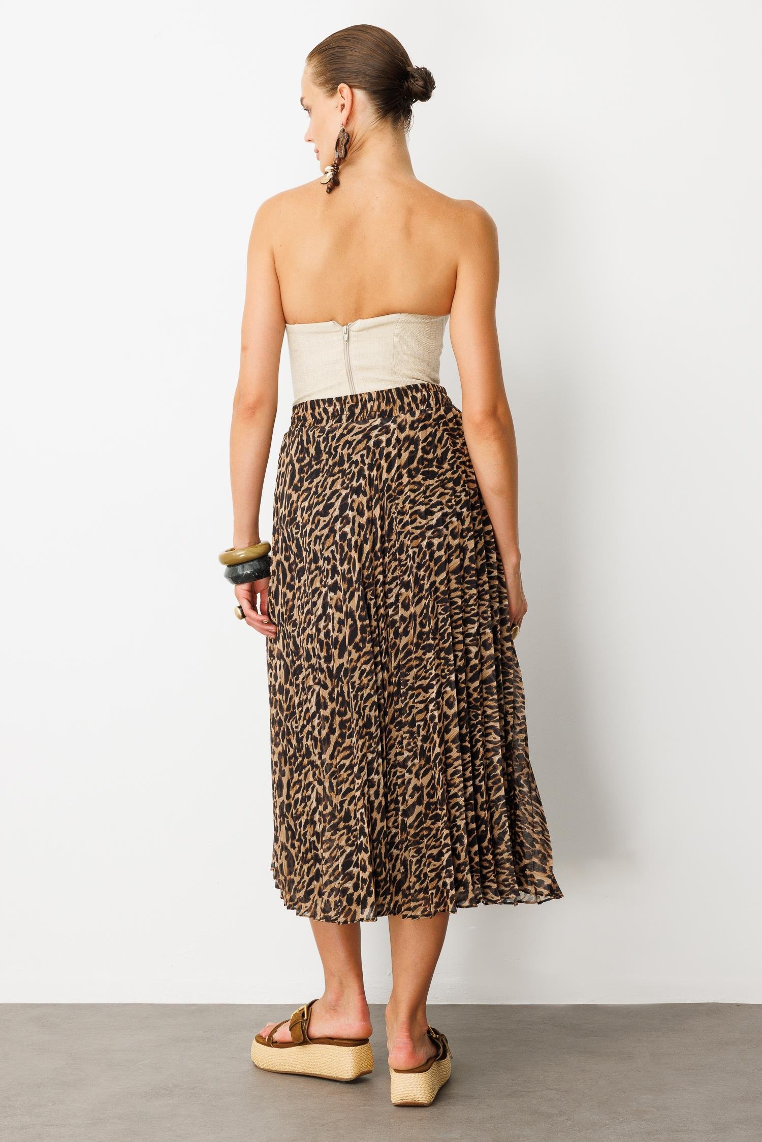 Beli Lastik Pileli Şifon Etek-KAHVE