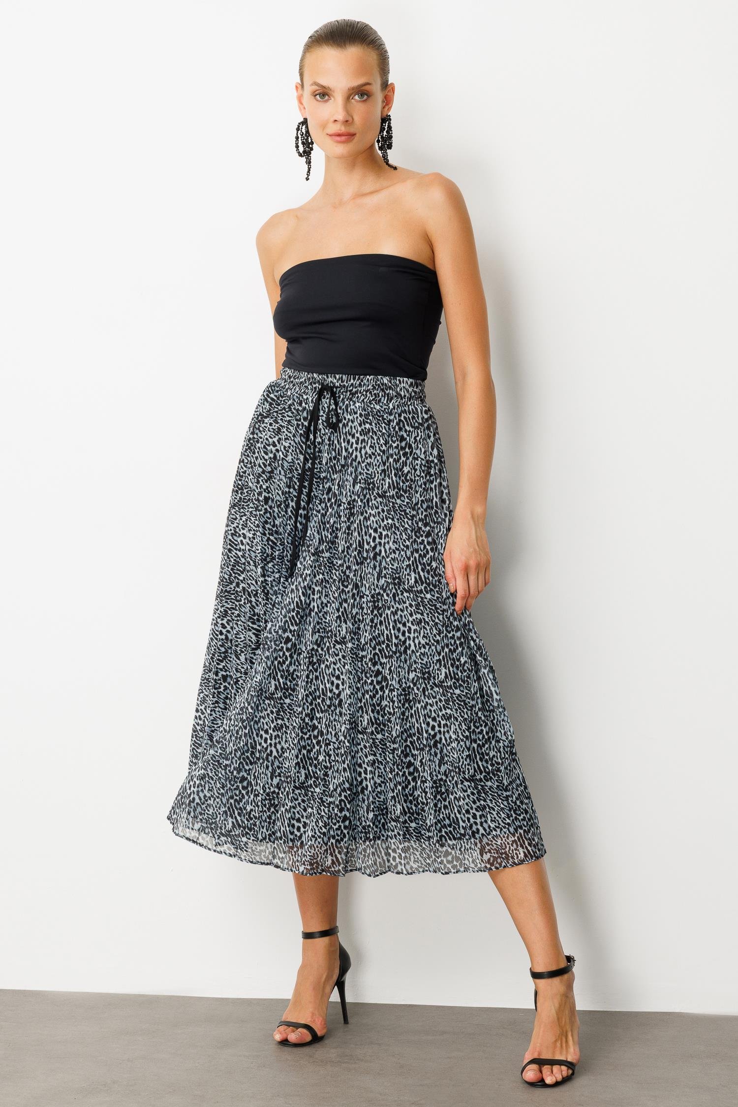 Beli Lastik Pileli Şifon Etek-SİYAH