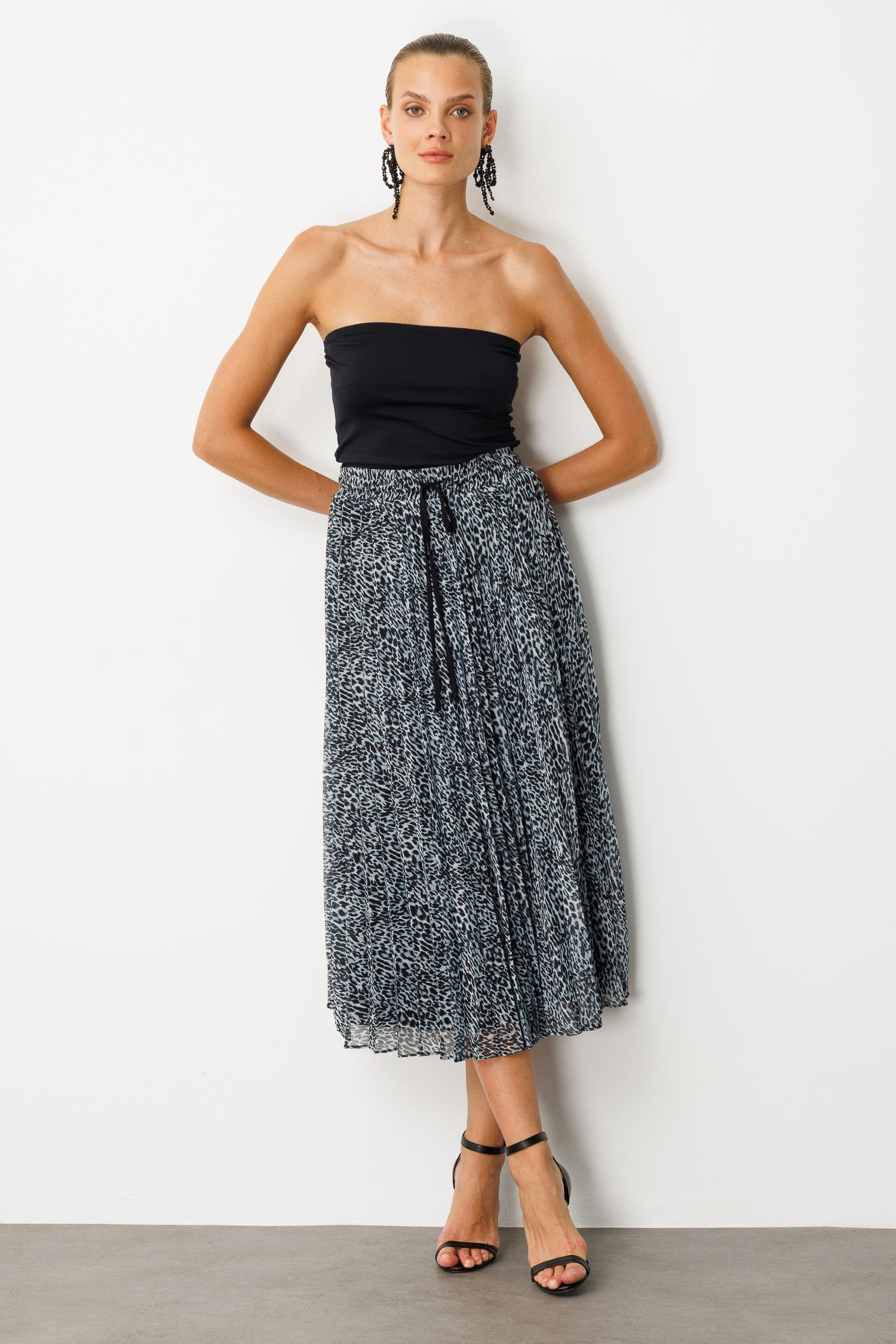 Beli Lastik Pileli Şifon Etek-SİYAH