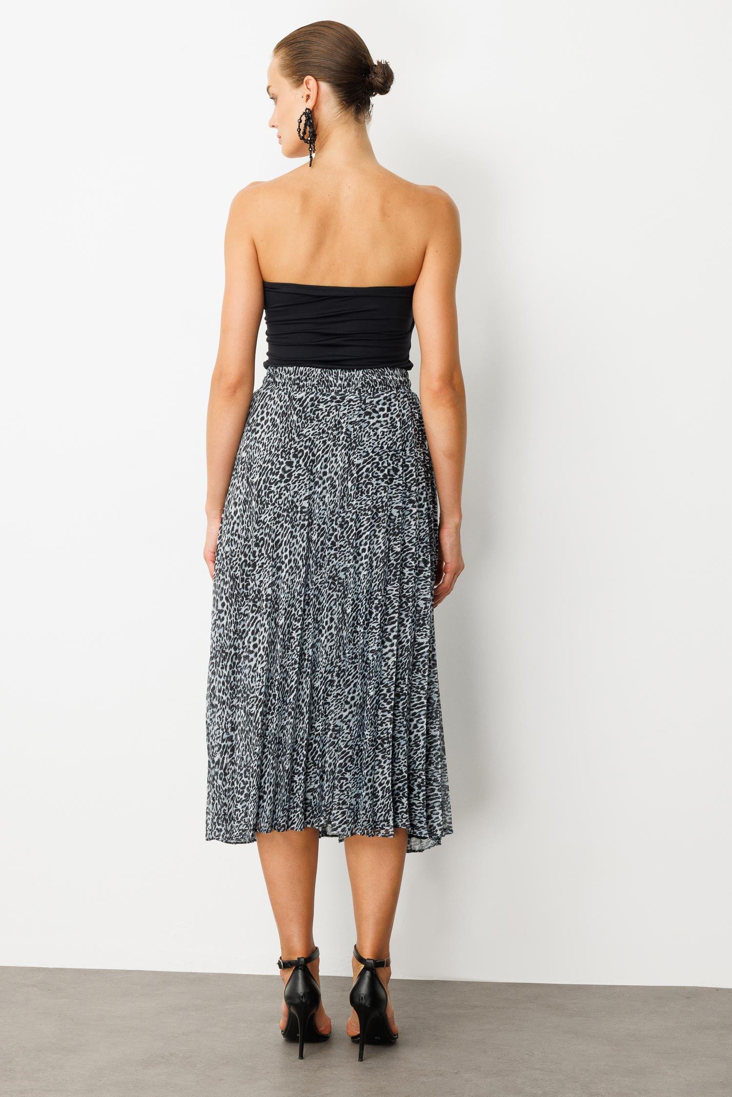 Beli Lastik Pileli Şifon Etek-SİYAH