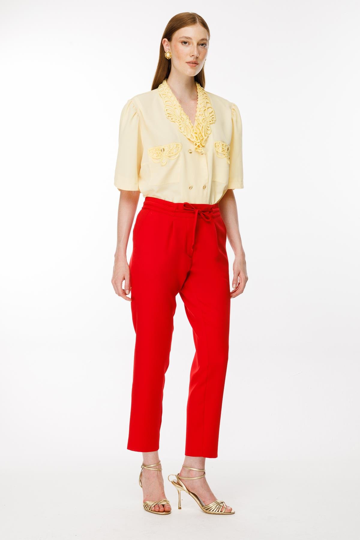 Beli Lastikli Bağcıklı Pantolon - KIRMIZI