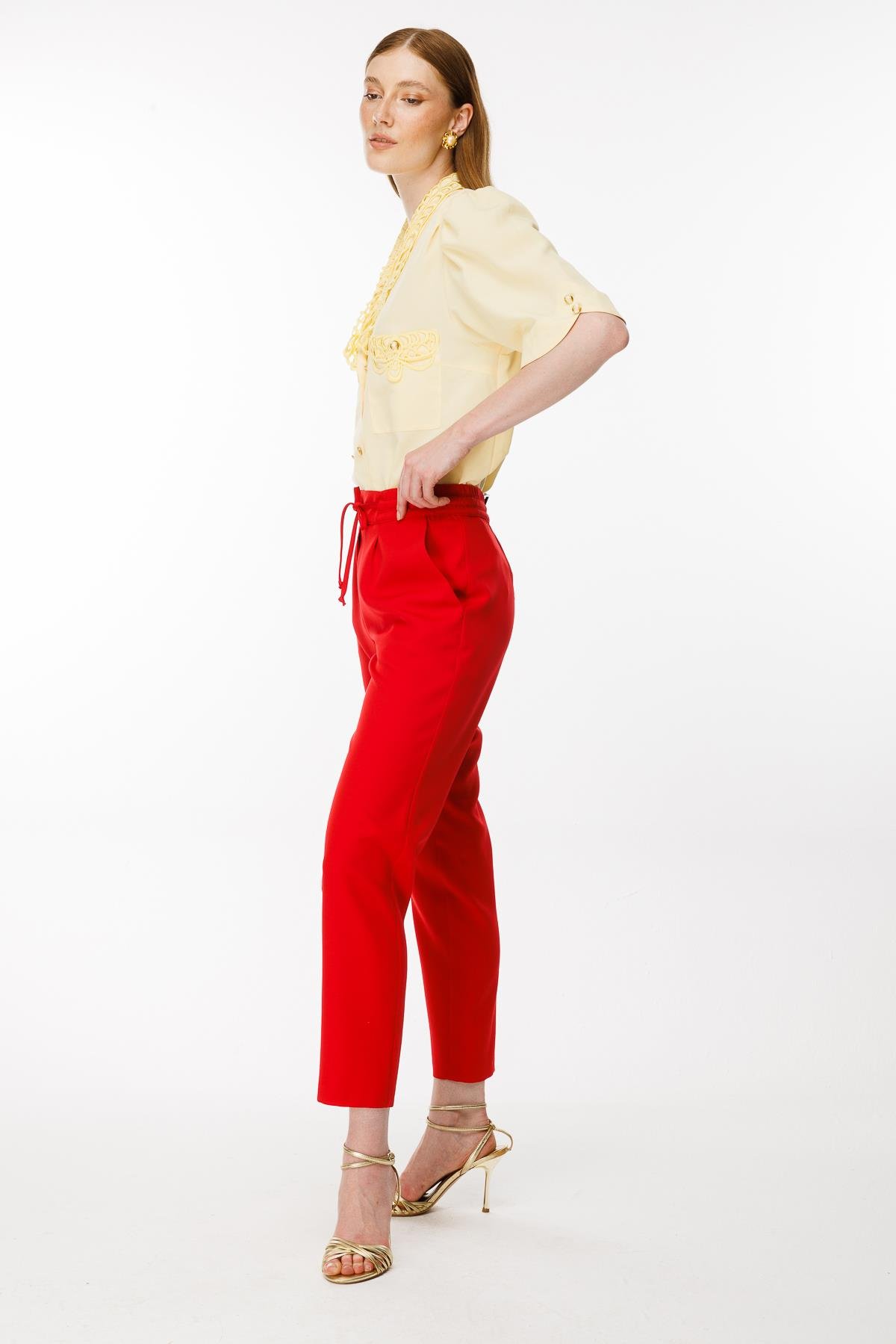 Beli Lastikli Bağcıklı Pantolon - KIRMIZI