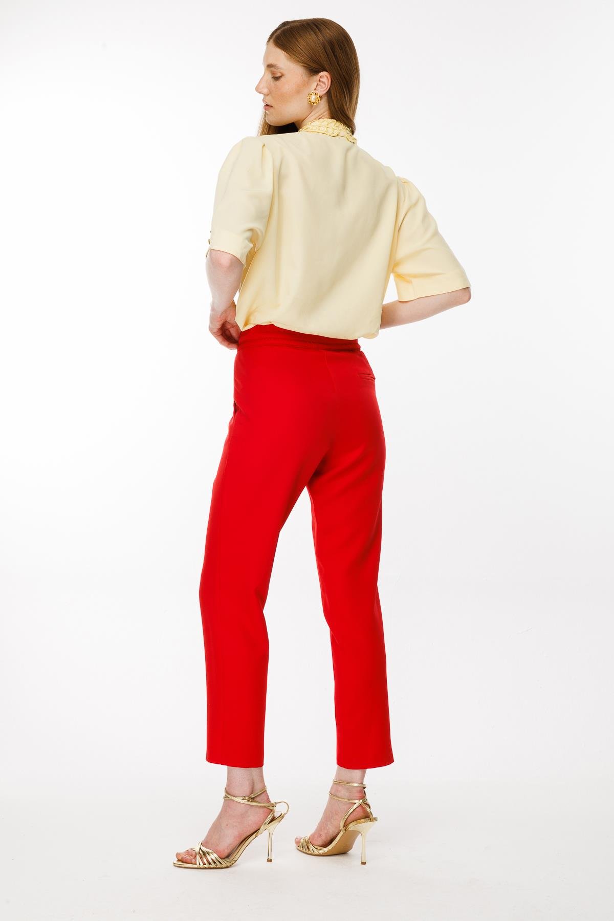 Beli Lastikli Bağcıklı Pantolon - KIRMIZI