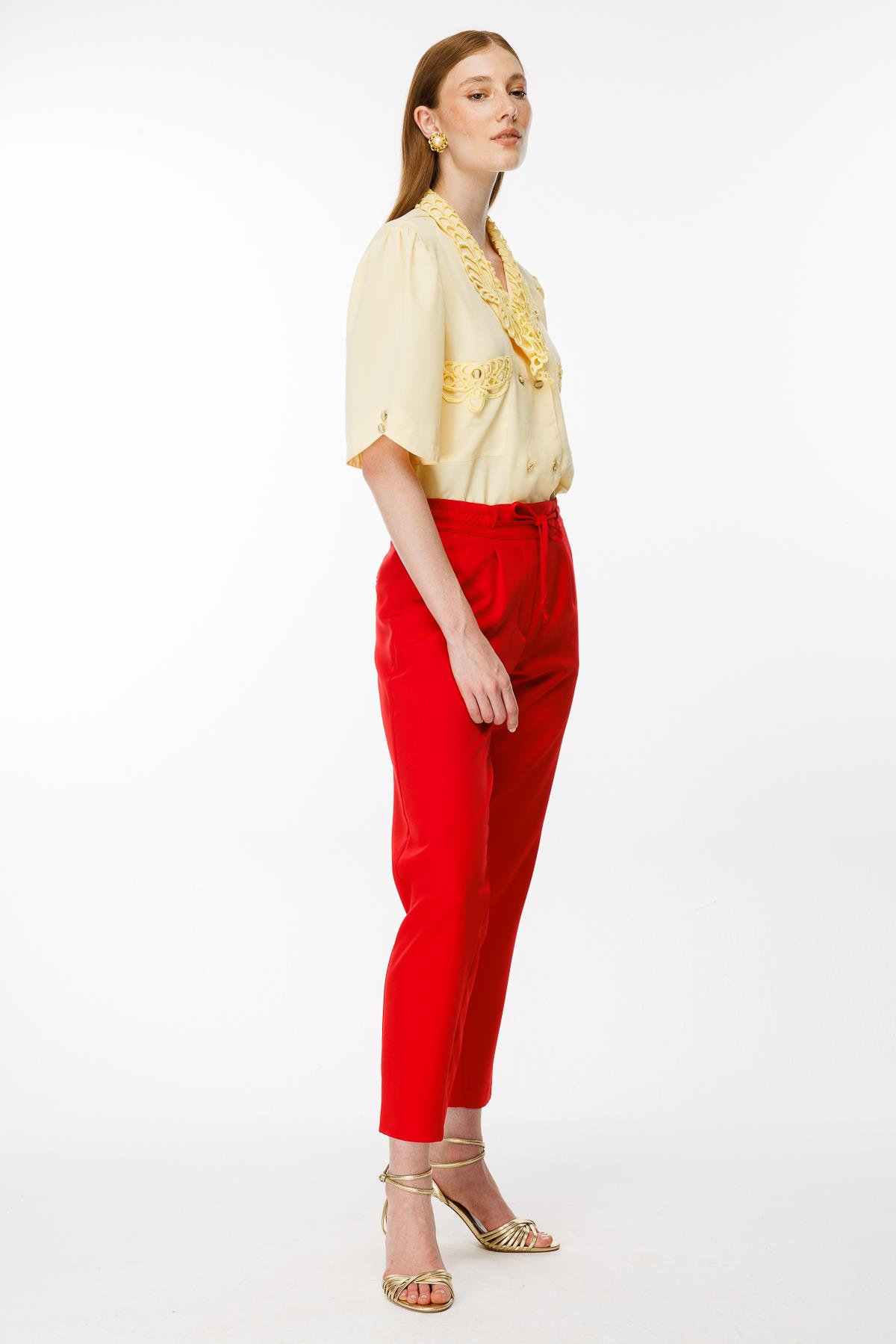 Beli Lastikli Bağcıklı Pantolon - KIRMIZI