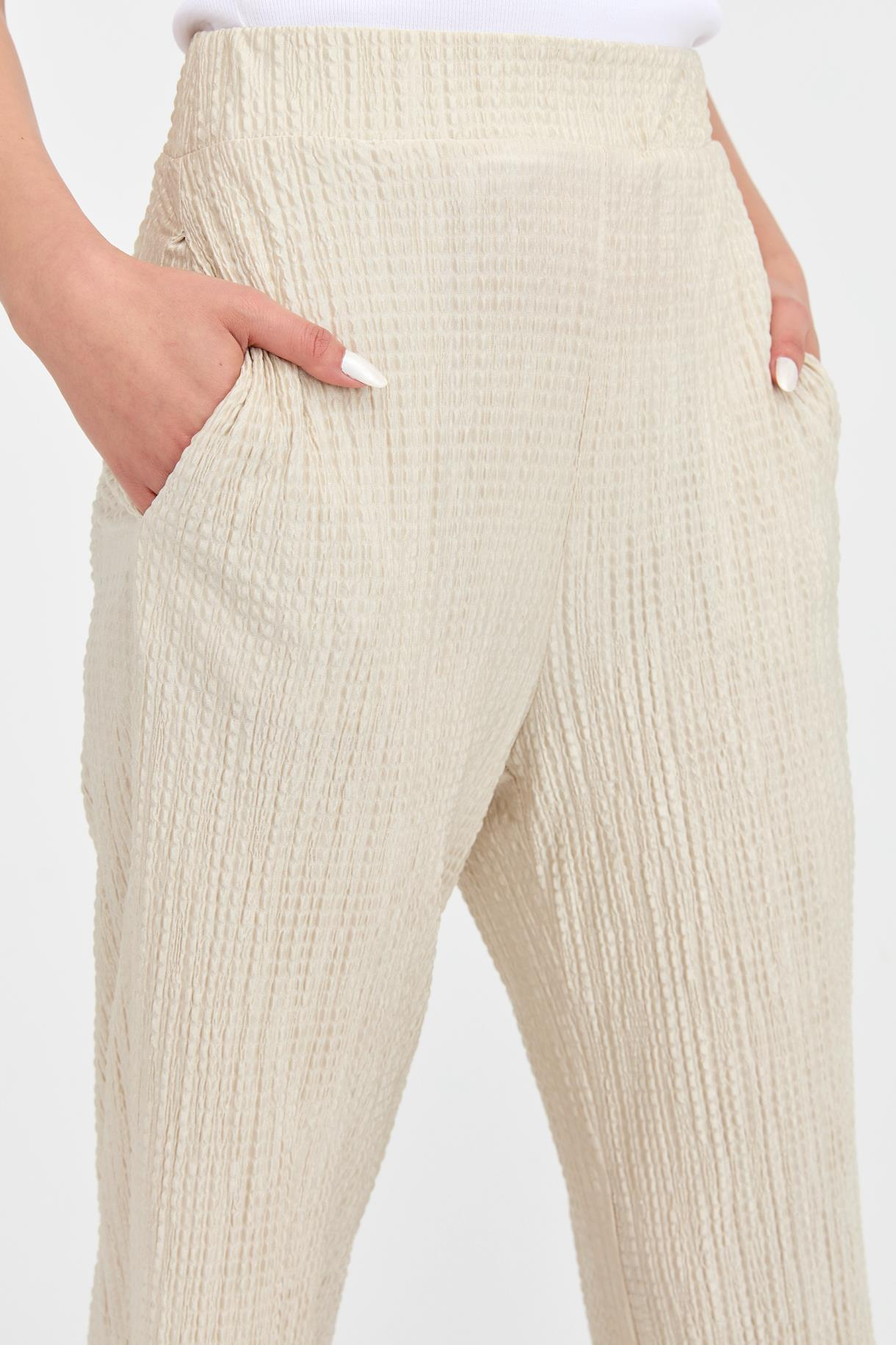 Beli Lastikli Bol Paça Bürümcük Pantolon - BEJ