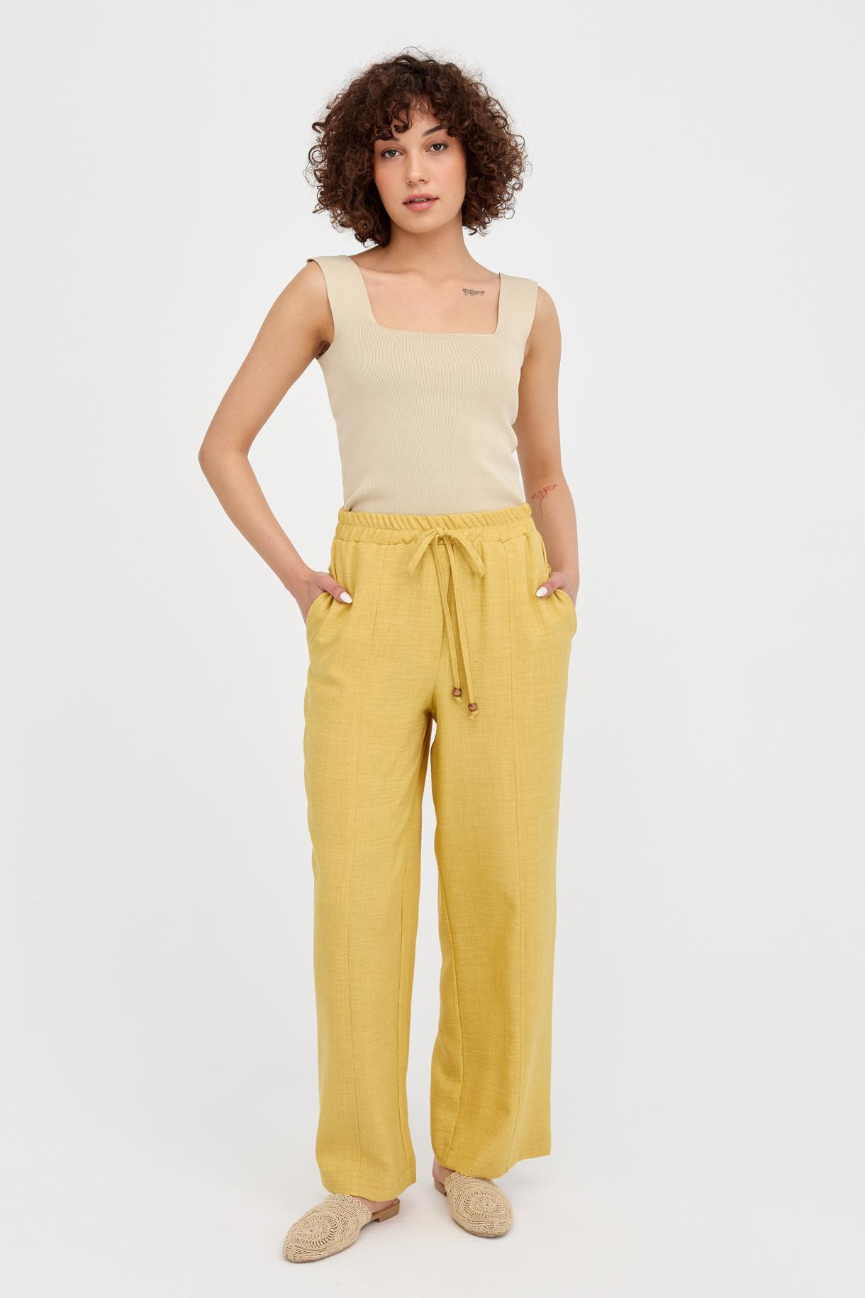 Beli Lastikli Bol Paça Keten Pantolon - SAFRAN