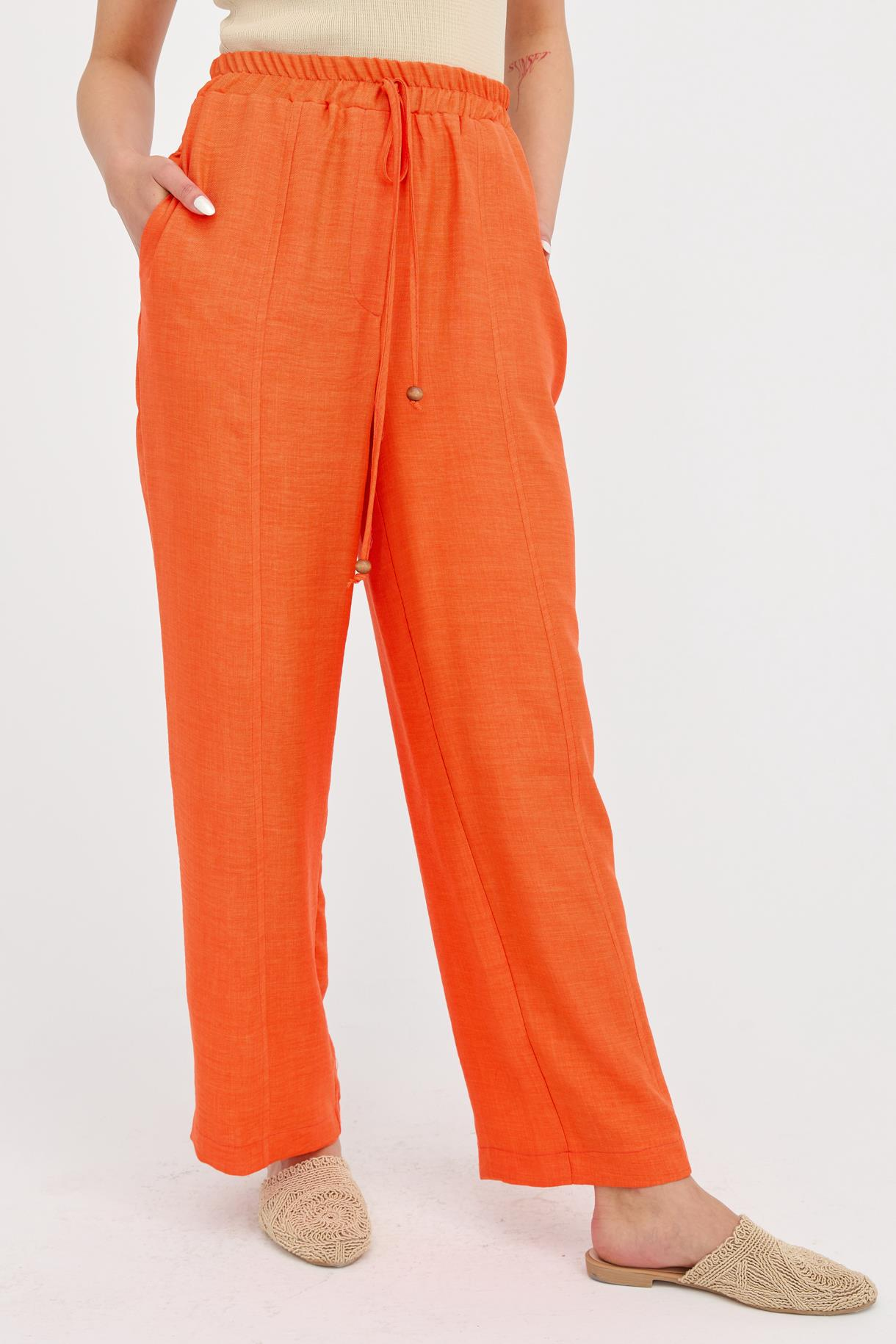 Beli Lastikli Bol Paça Keten Pantolon - ORANJE