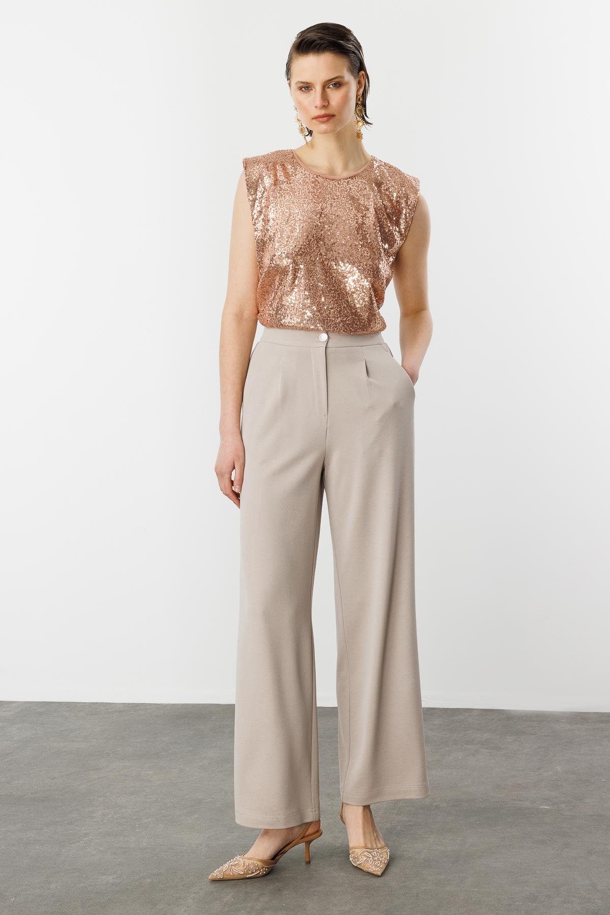 Beli Lastikli Bol Paça Pantolon-BEJ