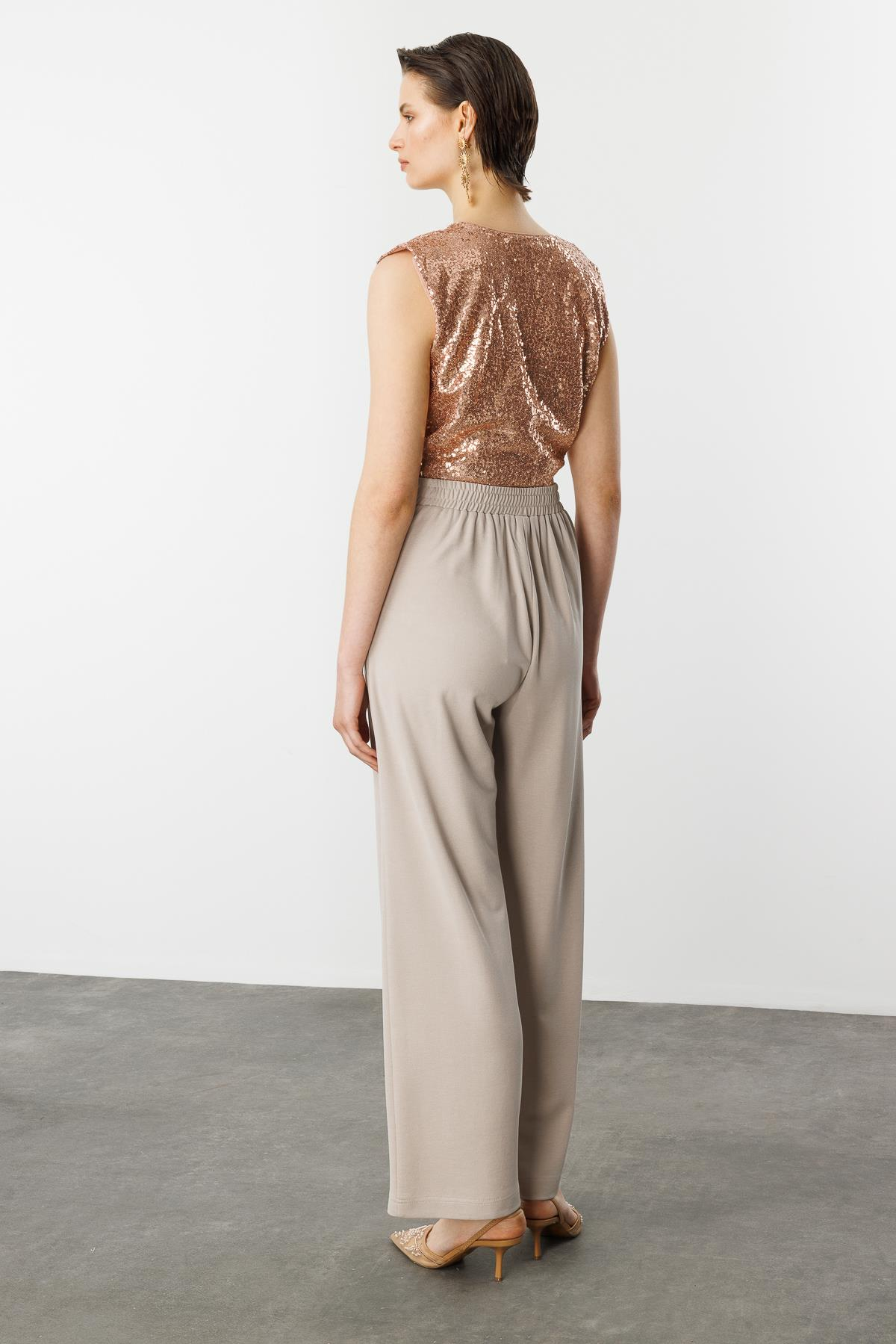 Beli Lastikli Bol Paça Pantolon-BEJ