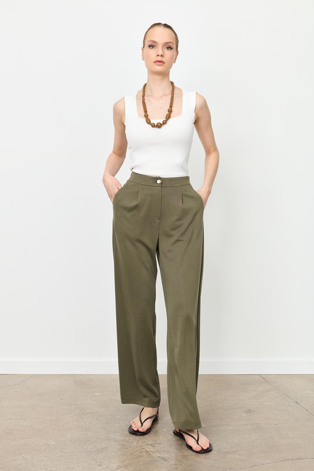 Beli Lastikli Bol Paça Pantolon-HAKİ