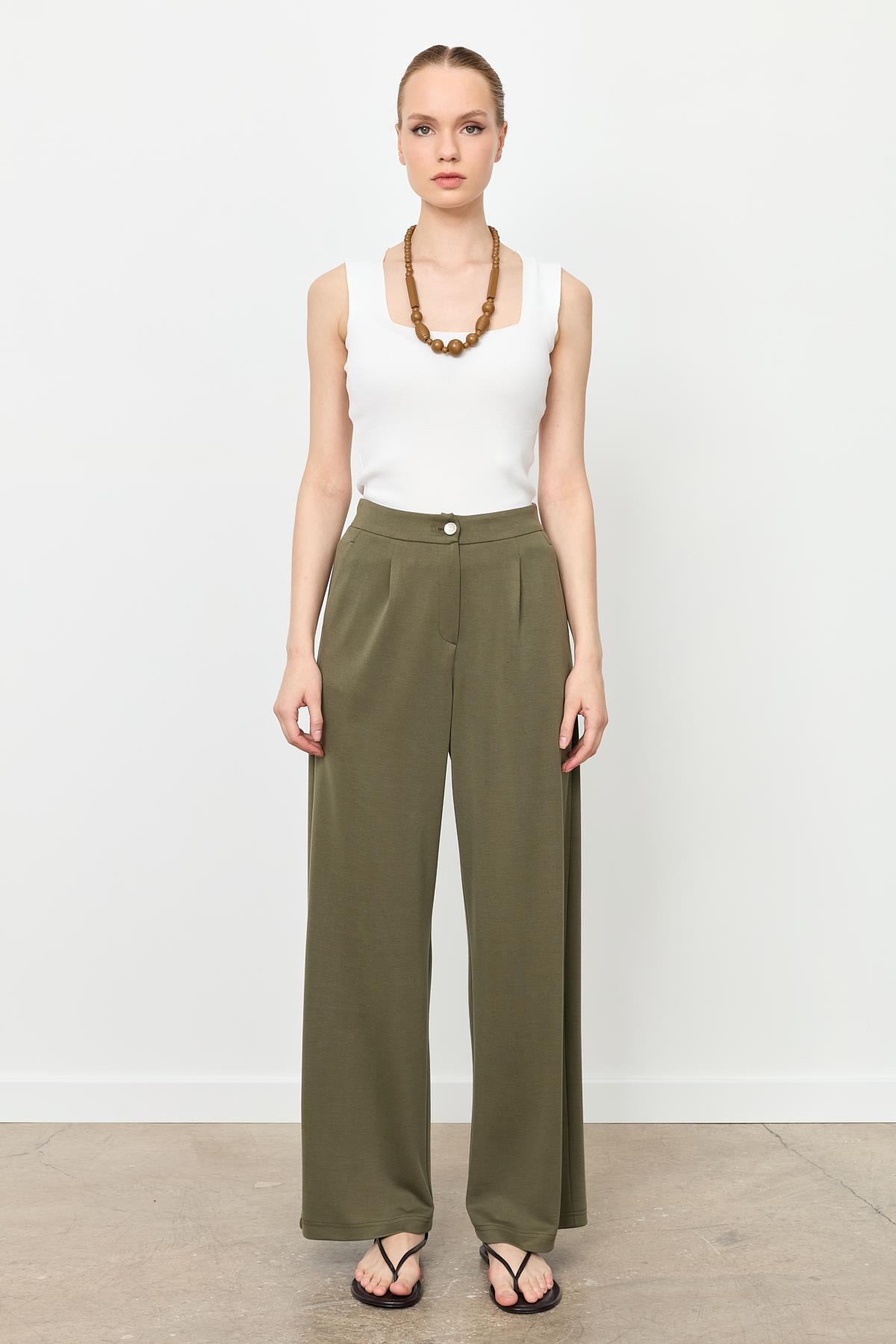 Beli Lastikli Bol Paça Pantolon-HAKİ