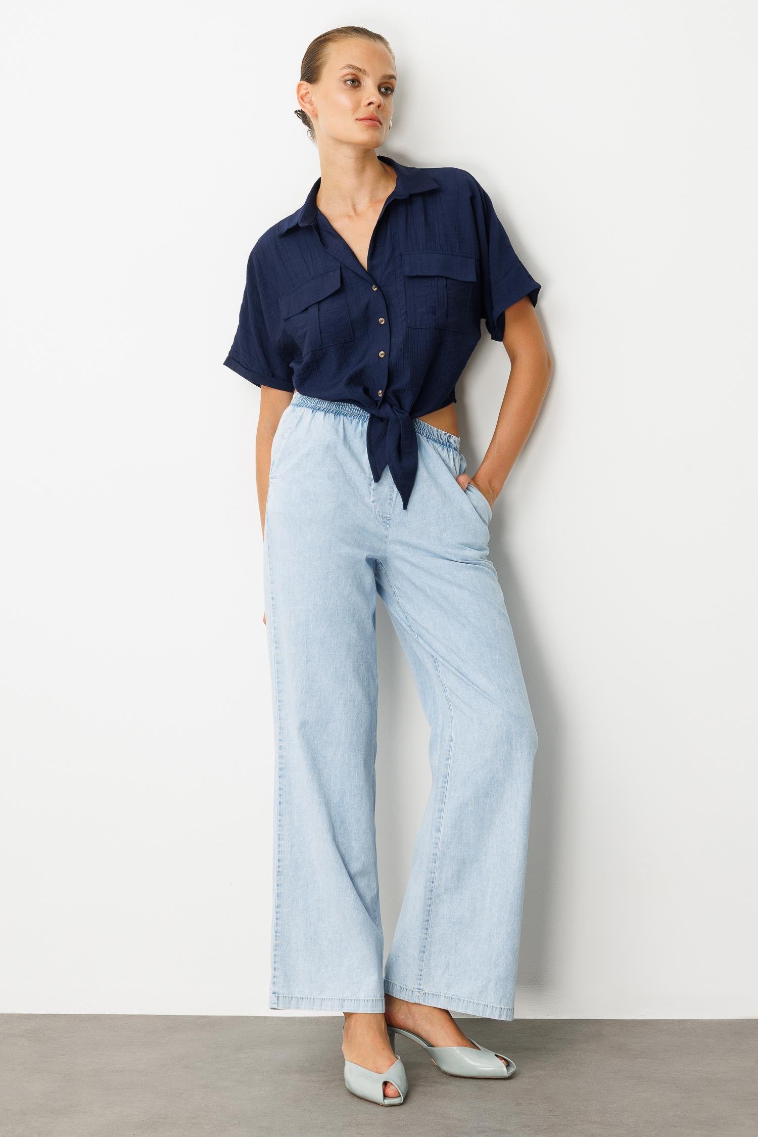 Beli Lastikli Bol Paça Pantolon-MAVİ