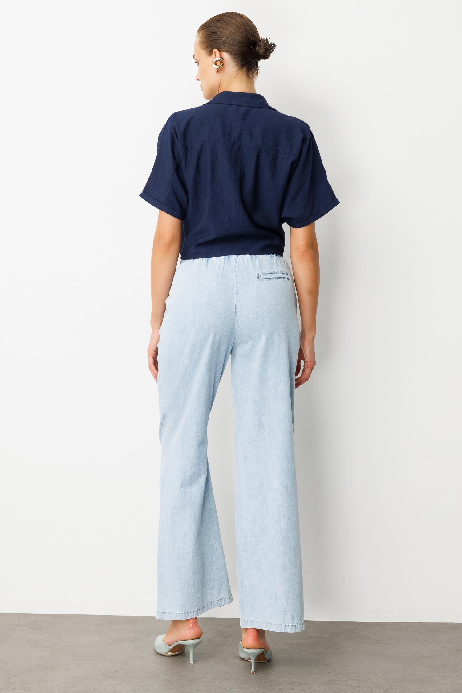 Beli Lastikli Bol Paça Pantolon-MAVİ