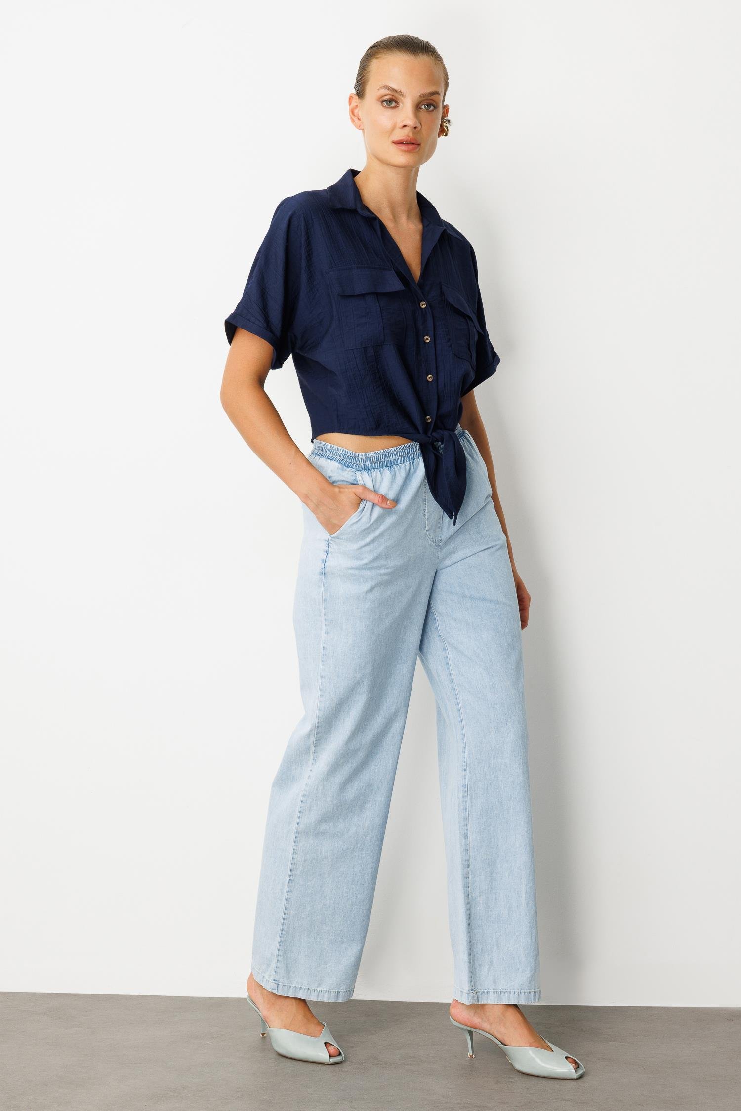 Beli Lastikli Bol Paça Pantolon-MAVİ