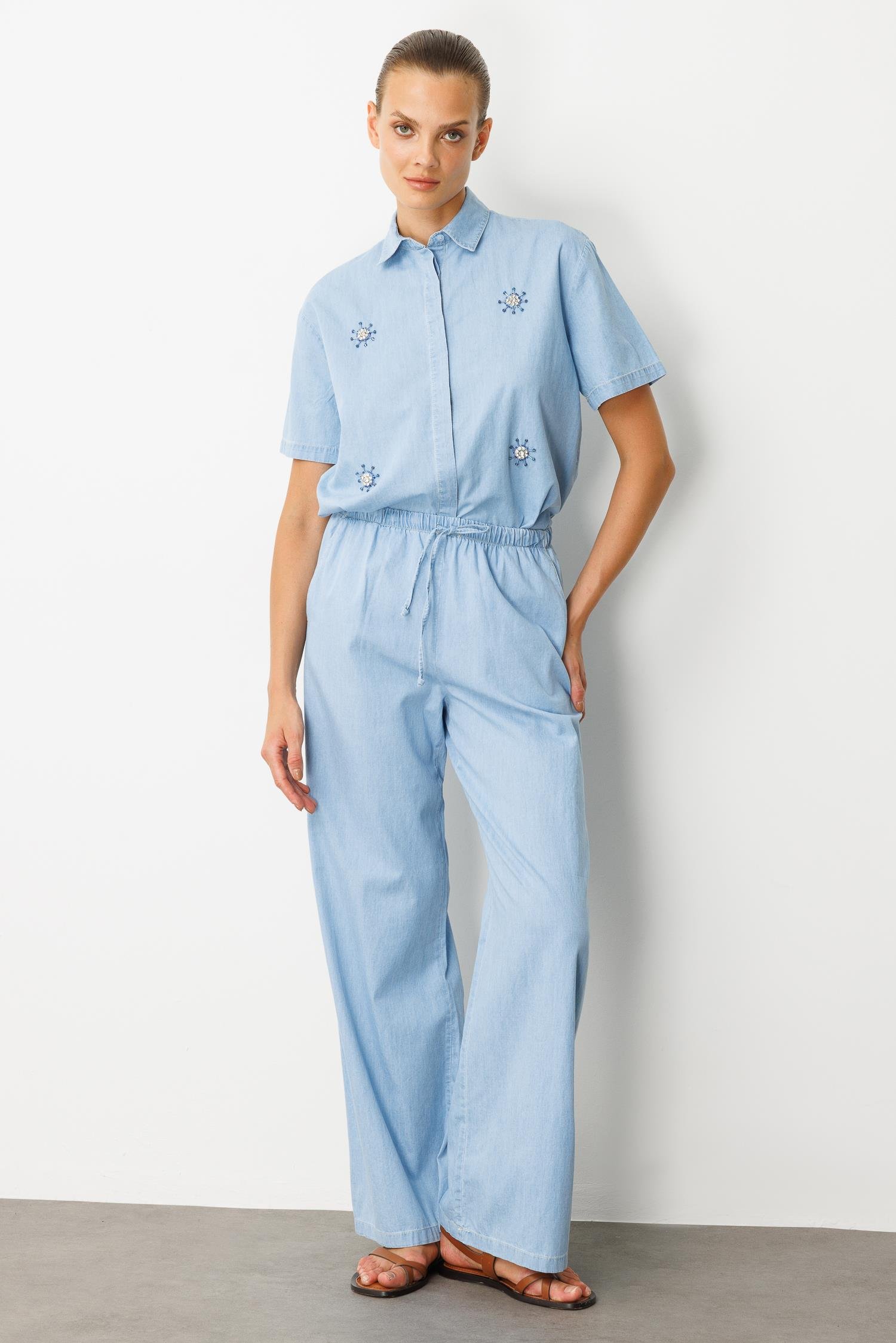 Beli Lastikli Bol Paça Pantolon-MAVİ