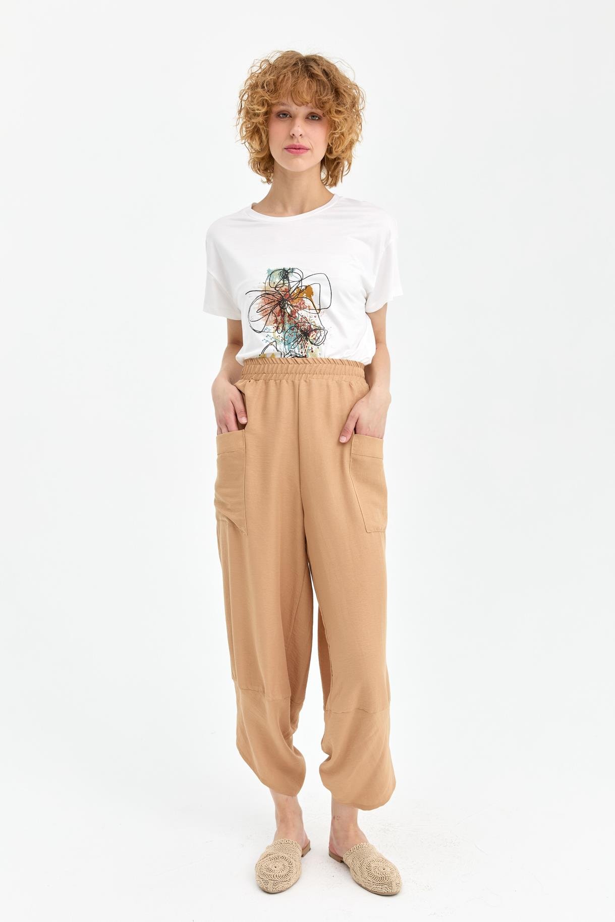 Beli Lastikli Cep Detaylı Şalvar Pantolon - CAMEL