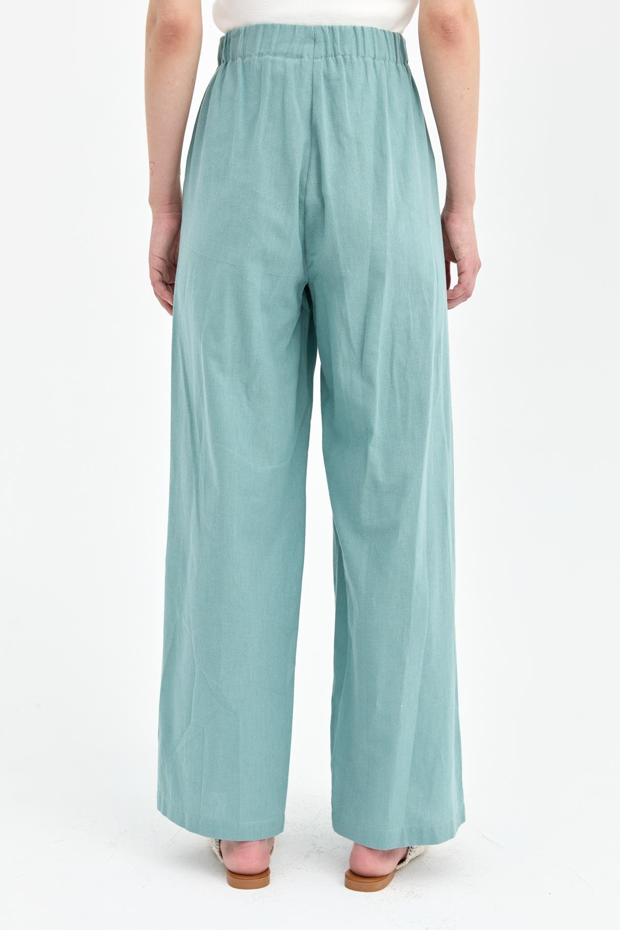 Beli Lastikli Geniş Paça Keten Pantolon - MINT